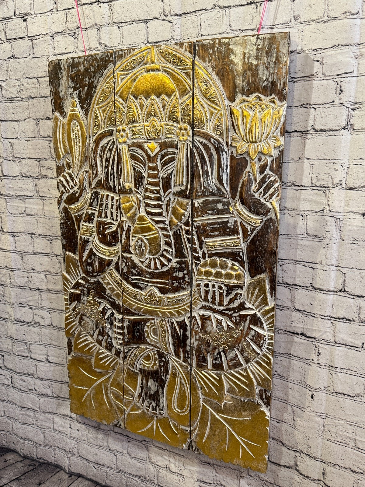 100cm x 60cm Ganesha Brown Gold Wooden Wood Panel Wall Art Plaque Handcarved