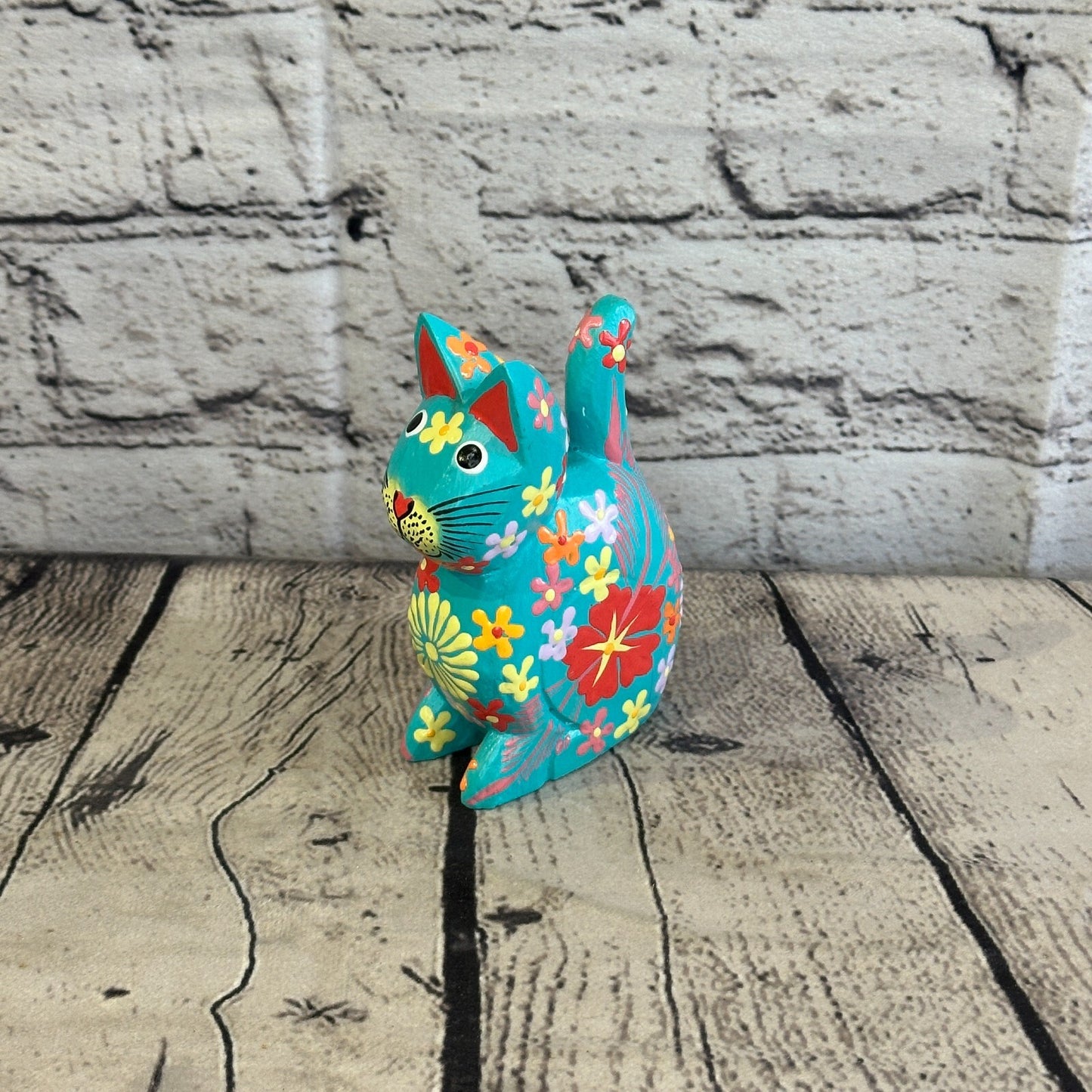 Blue Small Wooden Cat With Flower Pattern 12cm x 6cm Handmade and Fairtrade