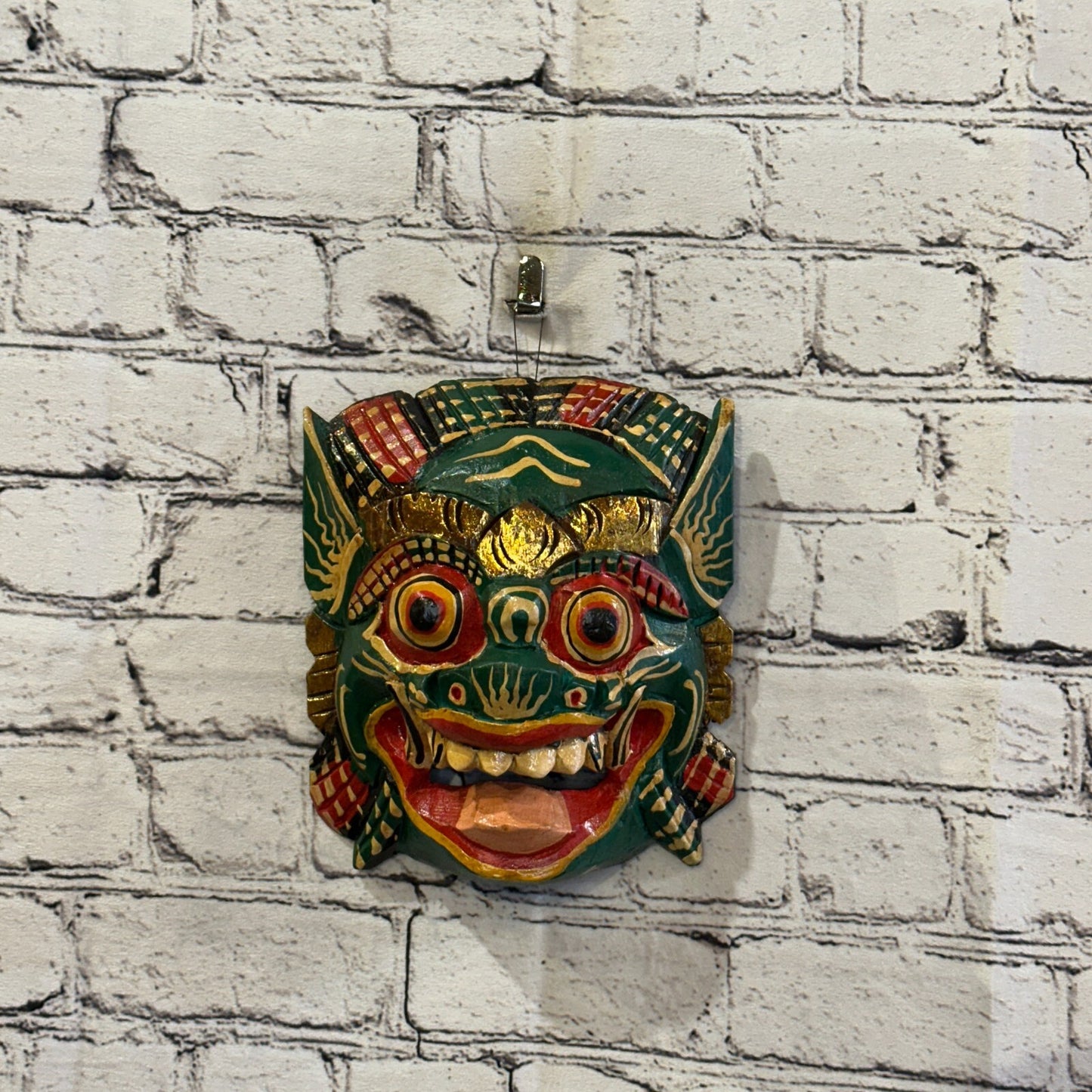 Large Wooden Green Barong Wall Mask 20cm x 20cm Handmade And Fairtrade Hindu