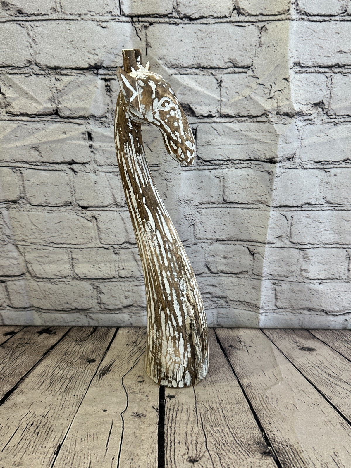Brown Wooden Giraffe Head With Shabby Pattern 40cm x 10cm Handmade and Fairtrade