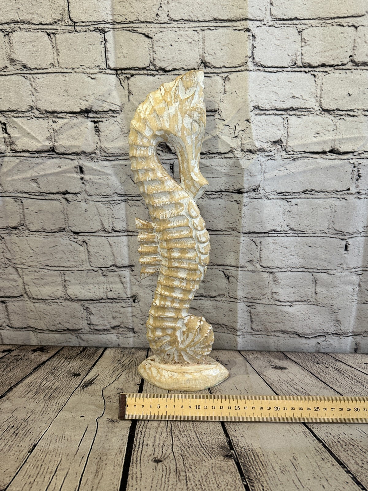 40cm White Plain Wooden Shabby Seahorse Statue Ornament Fair Trade Handcarved
