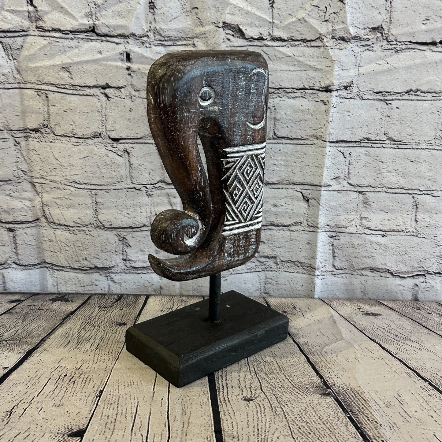 32cm x 16cm Wooden Tribal Primitive Black Elephant Head Stand Sculpture Statue