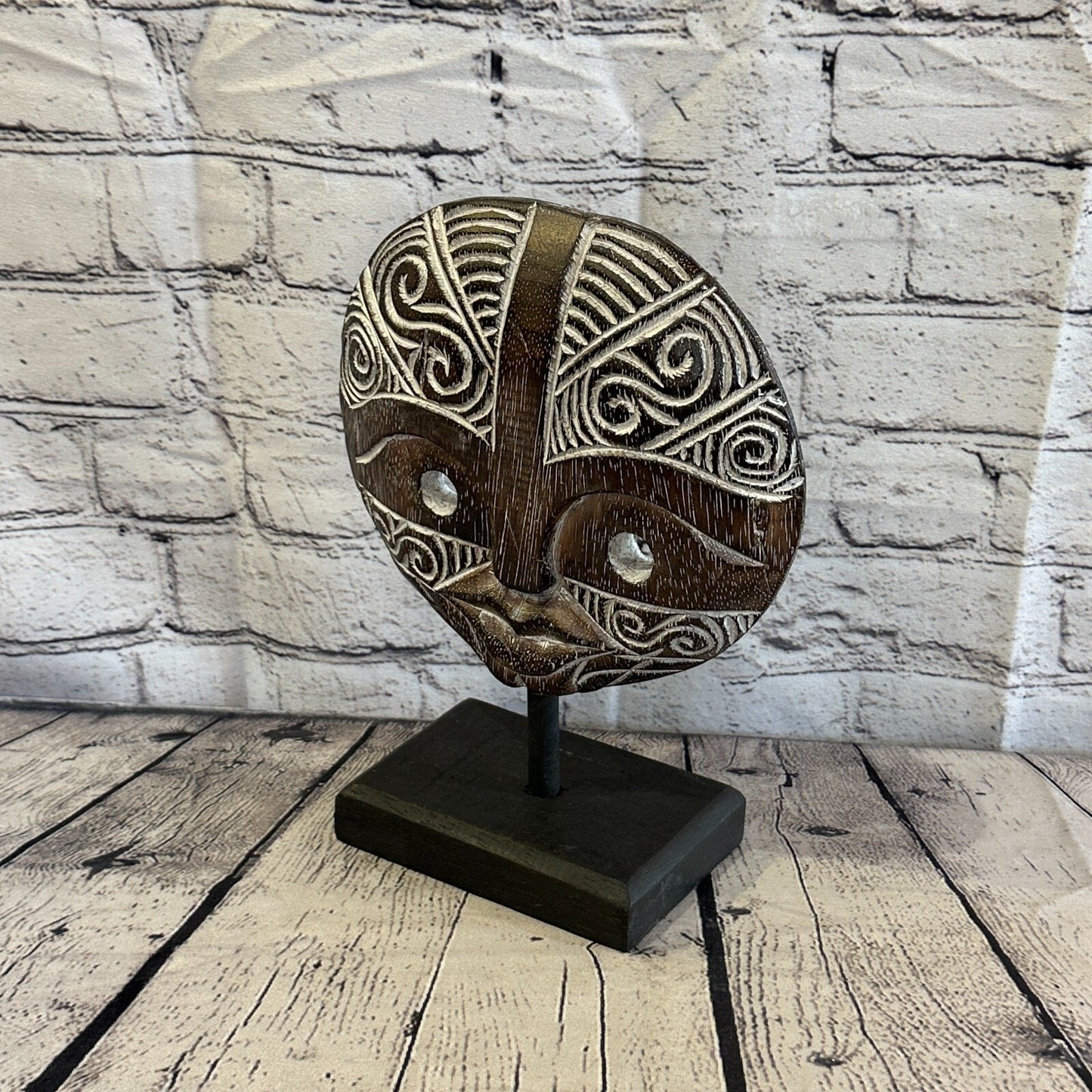 25cm x 20cm Wooden Tribal Primitive Black Mask Stand Sculpture Statue Art
