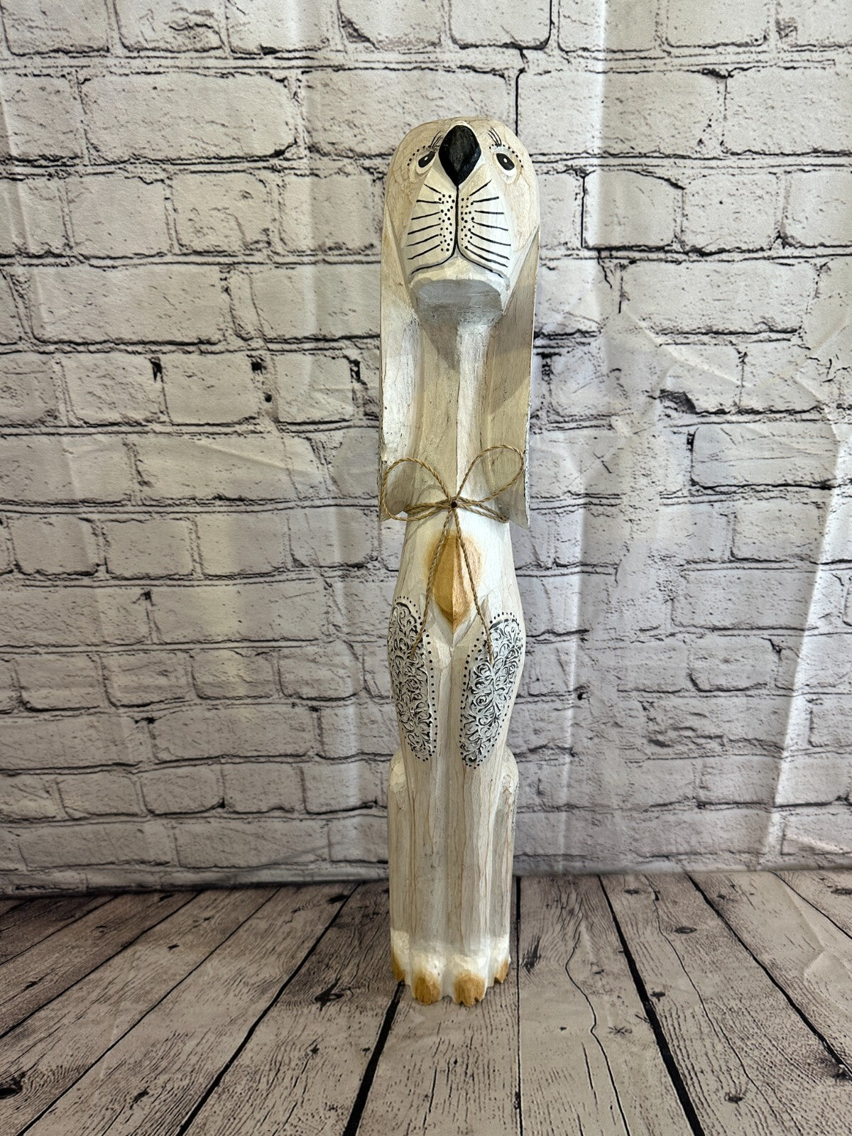 60cm White Flower Wooden Shabby Dog Statue Ornament Fair Trade Handcarved