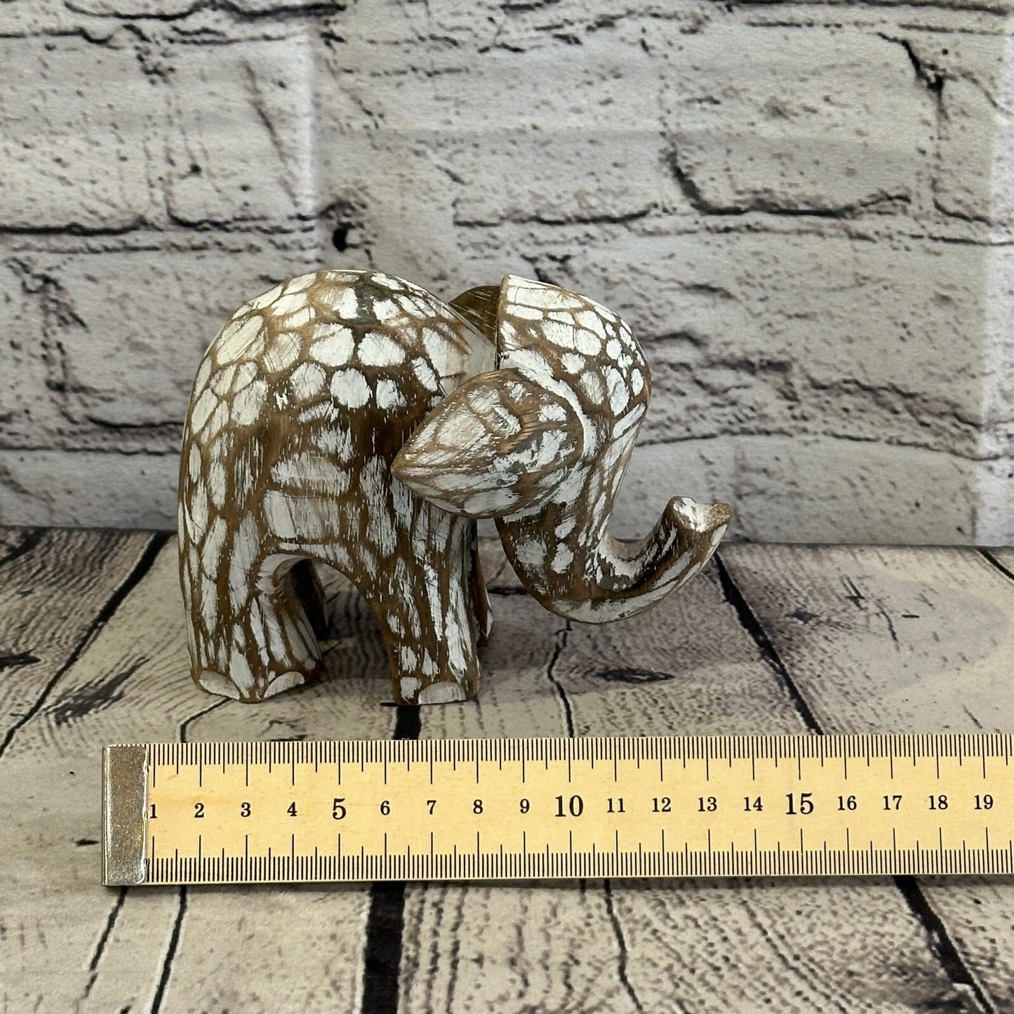 Brown Wooden Elephant With Shabby Pattern 10cm x 10cm Handmade and Fairtrade