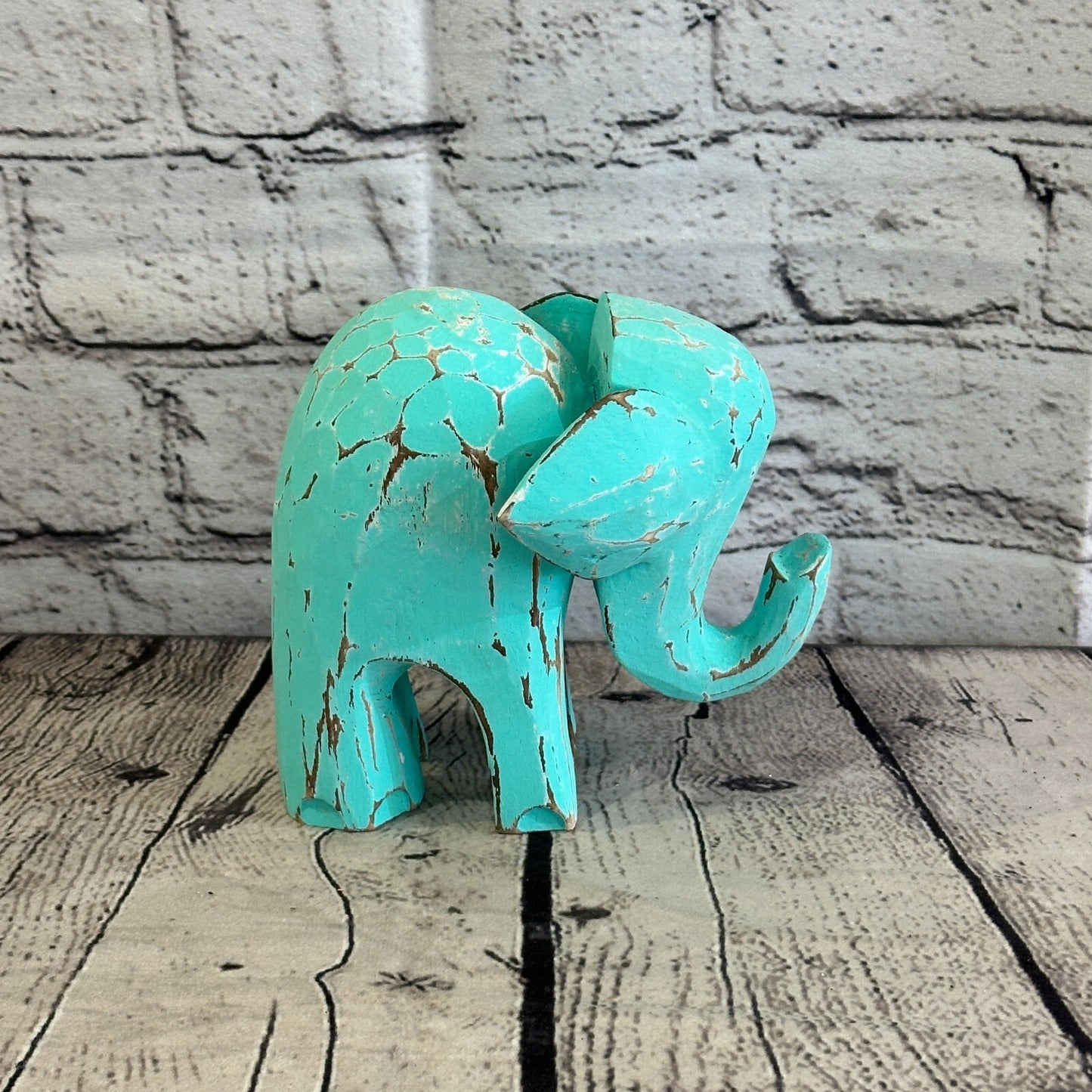 Green Wooden Elephant With Shabby Pattern 12cm x 12cm Handmade and Fairtrade