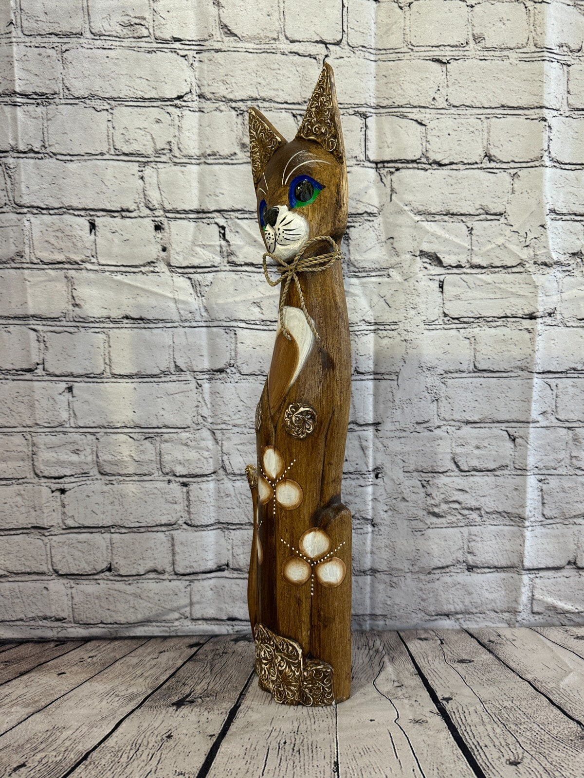 60cm Brown Swirl Flower Wooden Shabby Cat Statue Ornament Fair Trade Handcarved