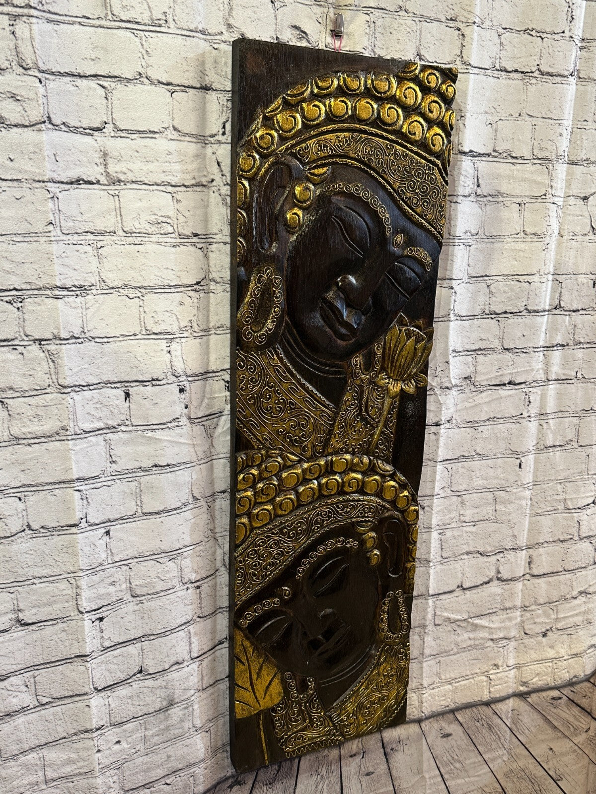 100cm x 30cm Tall Buddha 2 Faces Brown Wooden Wood Panel Wall Art Plaque