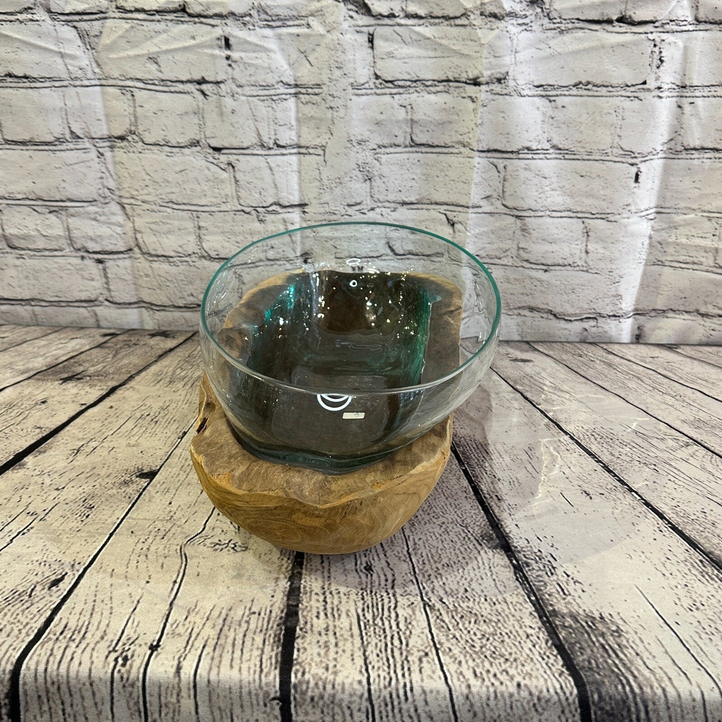 15cm x 40cm Molten Glass Round Bowl Natural Root Wood Base Stand Decor Ornament