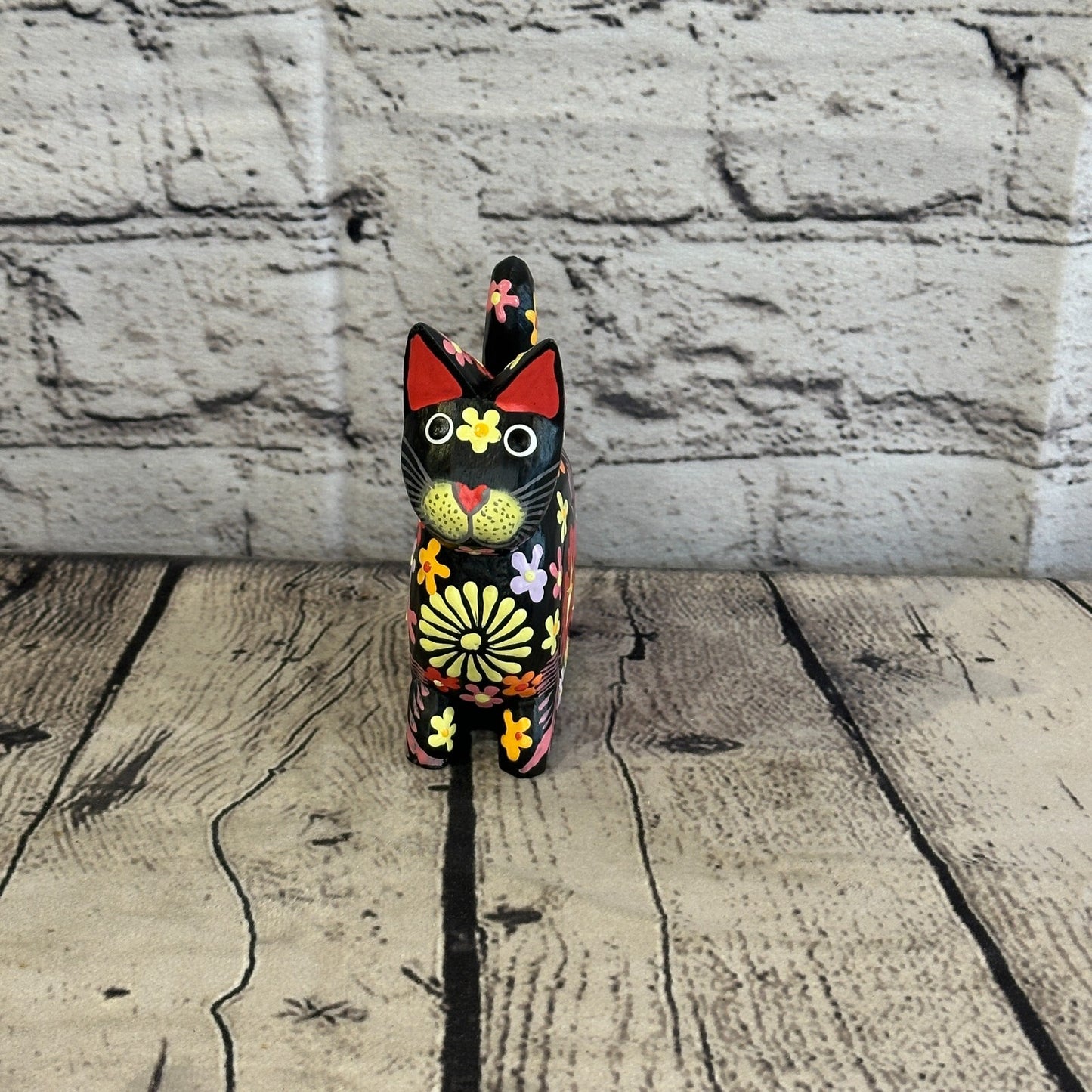 Black Small Wooden Cat With Flower Pattern 12cm x 6cm Handmade and Fairtrade