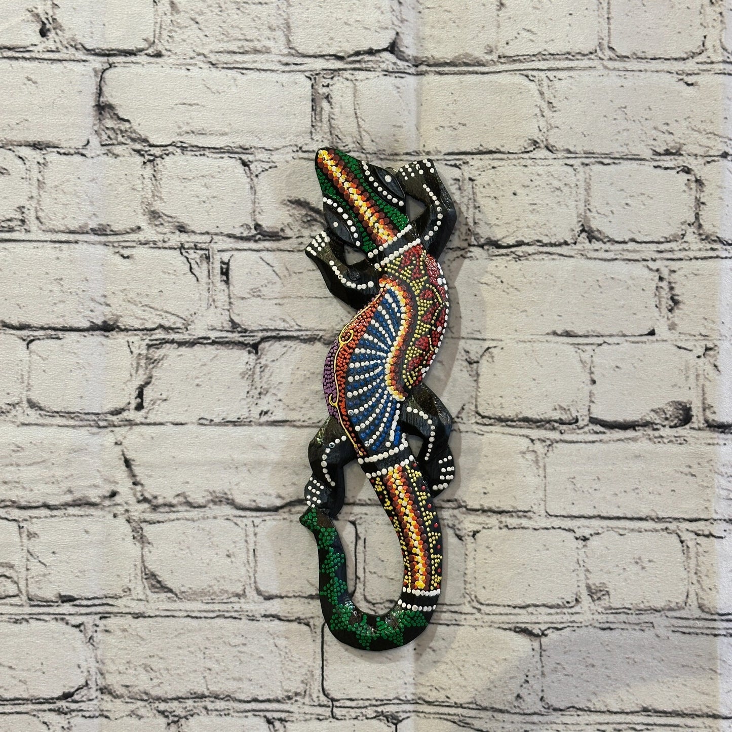 30cm Gecko Carved Wooden Dot Painted Ethnic Tribal Tiki Wall Handmade No 3