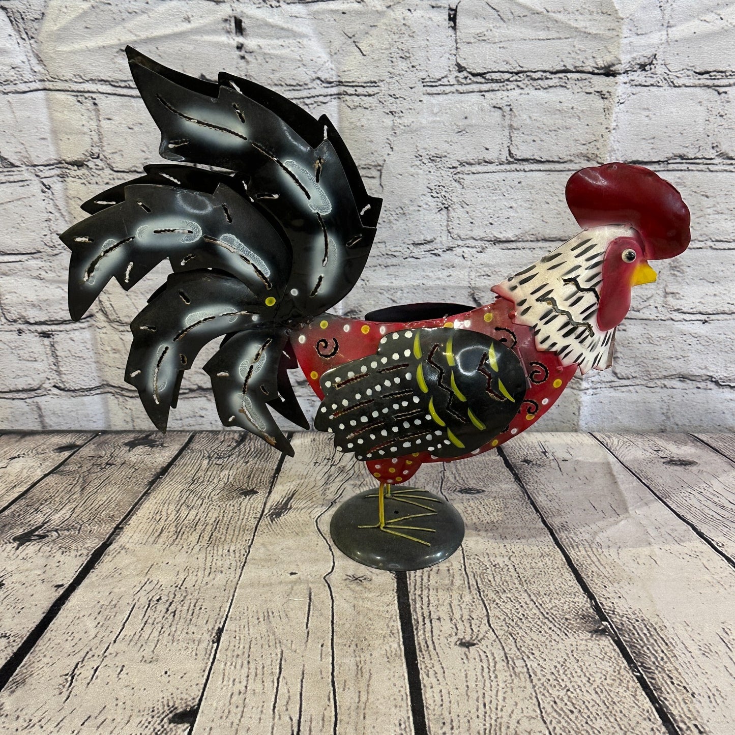 40cm x 25cm Brown Rustic Metal Chicken Ornament Painted Statue Candle Holder