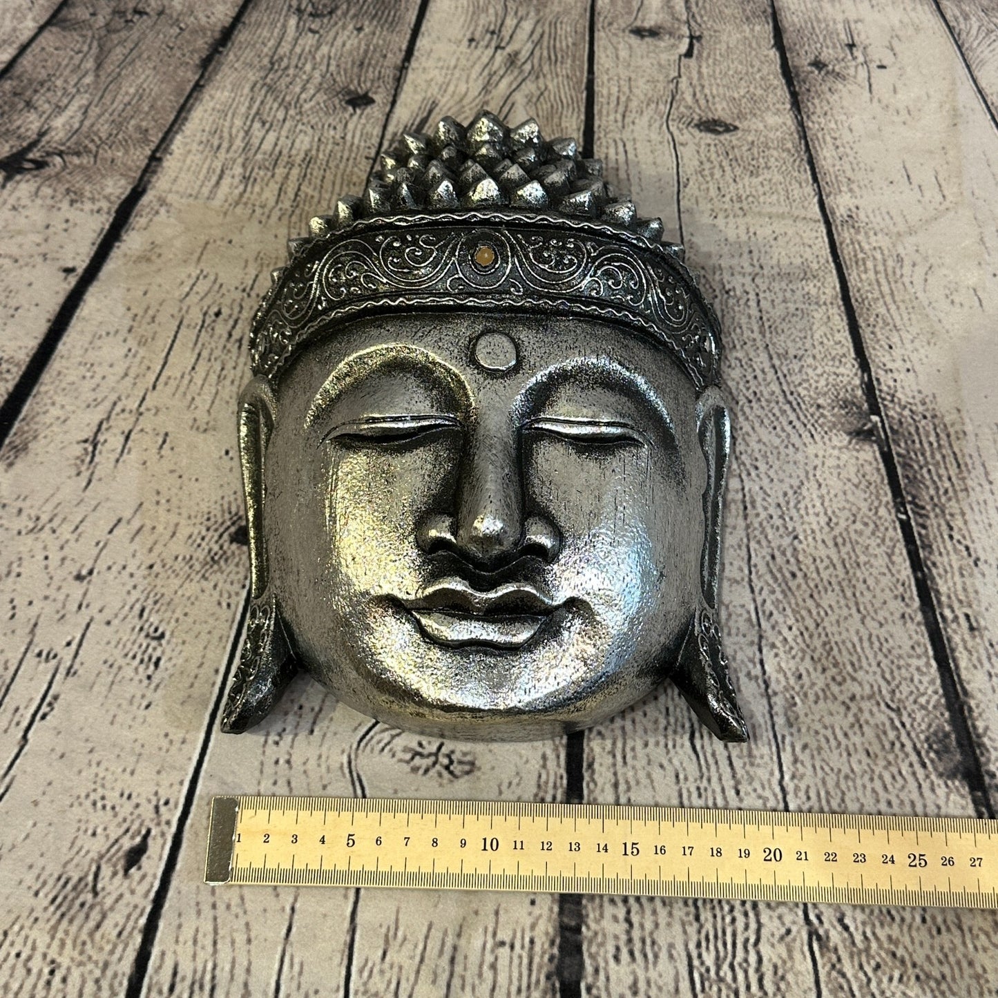25cm Silver Buddha Head Mask Wooden Hanging Statue Figurine Ornament Fair Trade