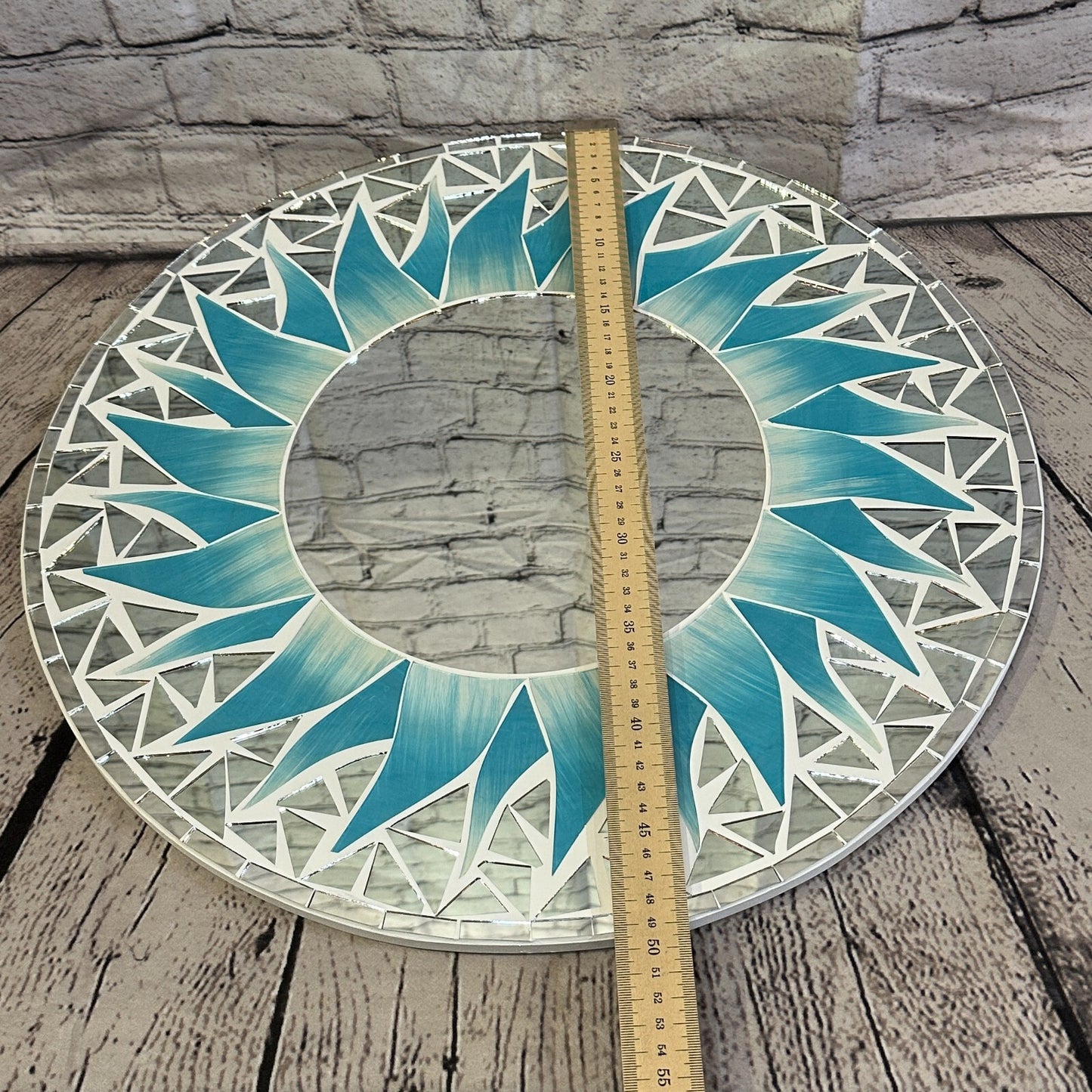 Turquoise Blue Flame Sun Mosaic Tile Wall Mirror 50cm x 50cm 20 Inches Handmade