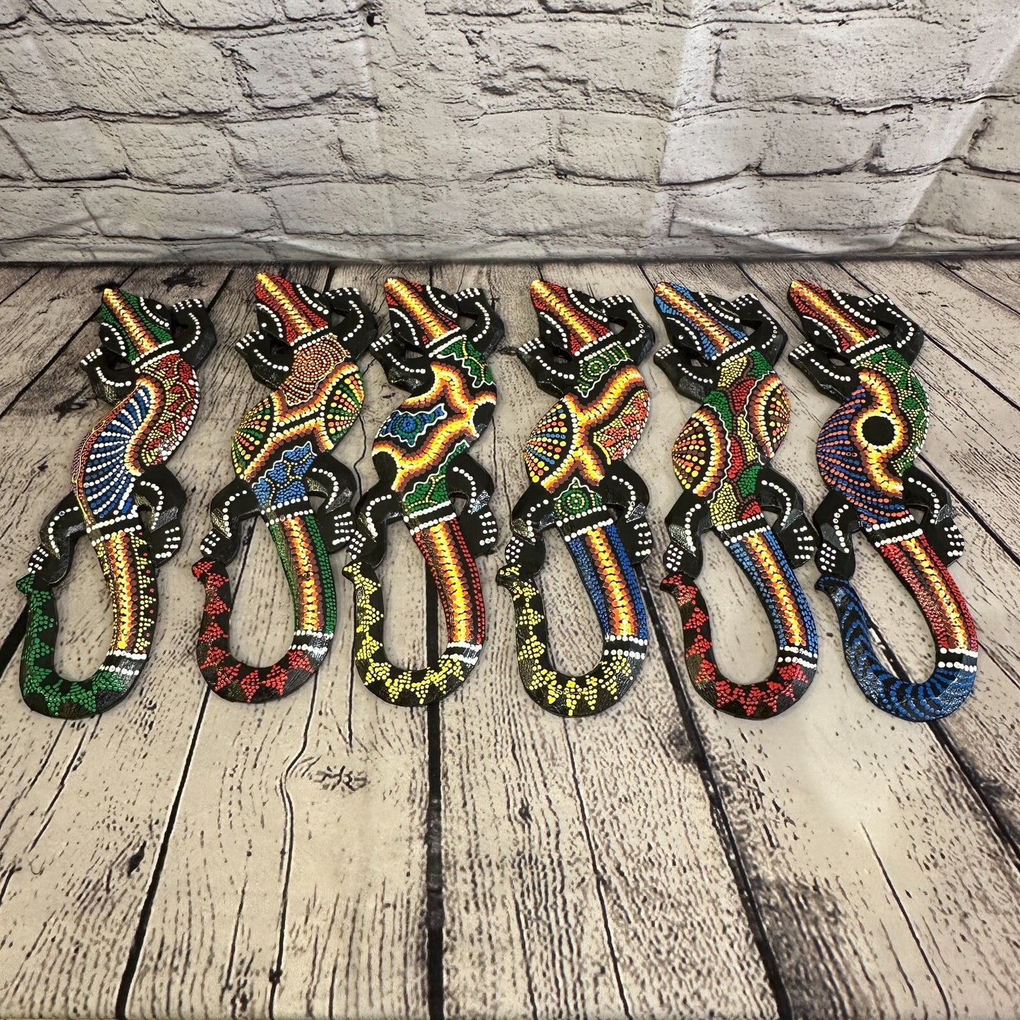 30cm Gecko Carved Wooden Dot Painted Ethnic Tribal Tiki Wall Handmade No 4