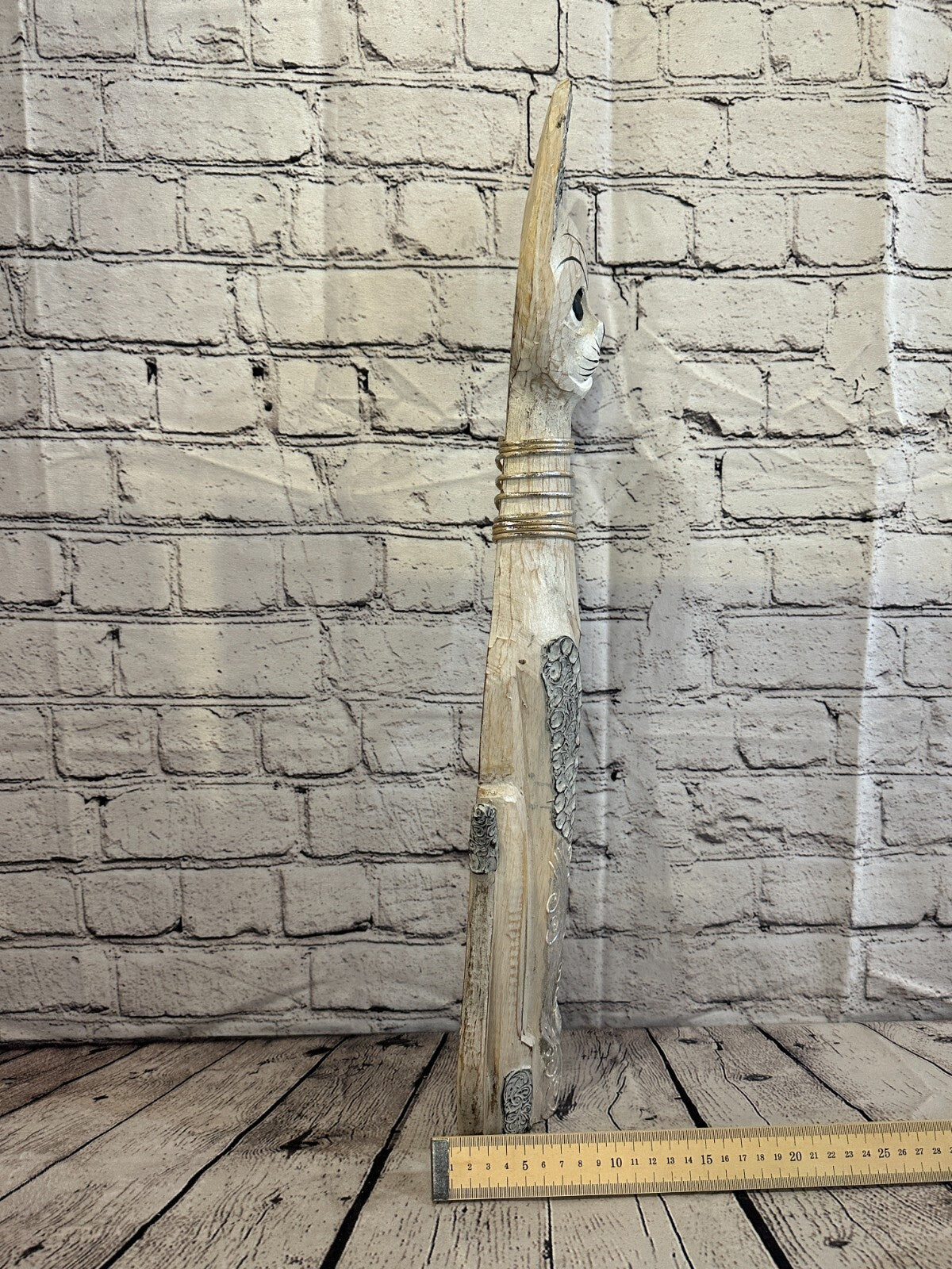 60cm White Swirl Flower Wooden Shabby Cat Statue Ornament Fair Trade Handcarved