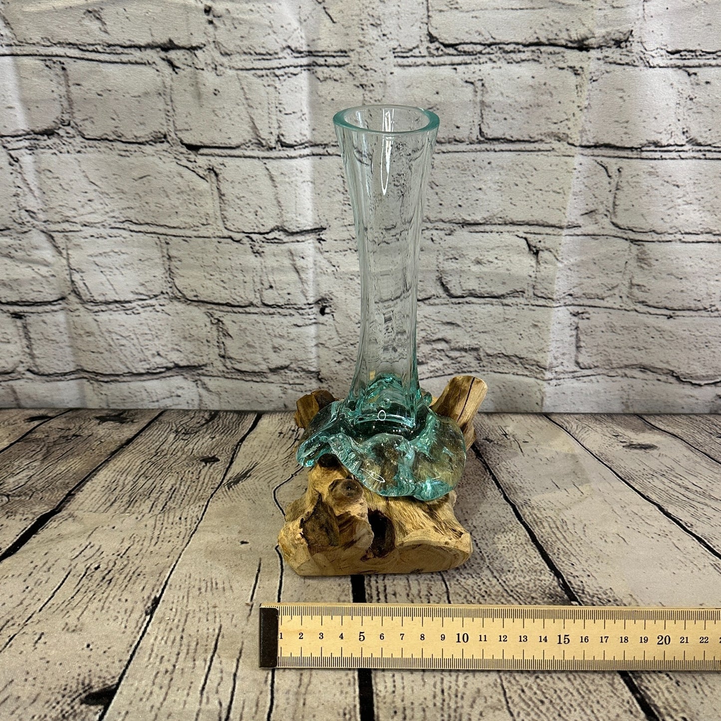 25cm x 15cm Molten Glass Round Vase Natural Root Wood Base Stand Decor Ornament