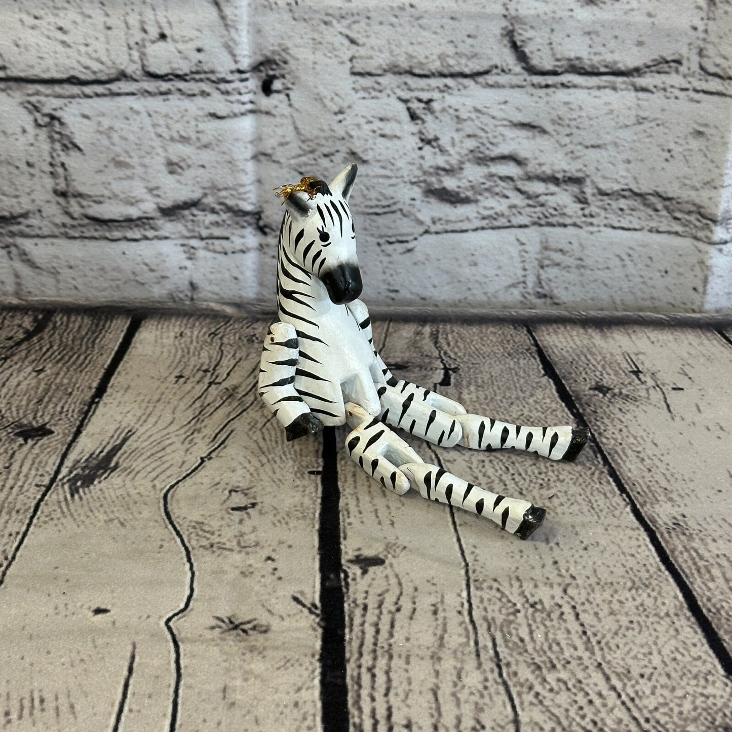 10cm Striped Zebra Sitting Animal, Wooden Shelf Ornament Handmade and Fairtrade