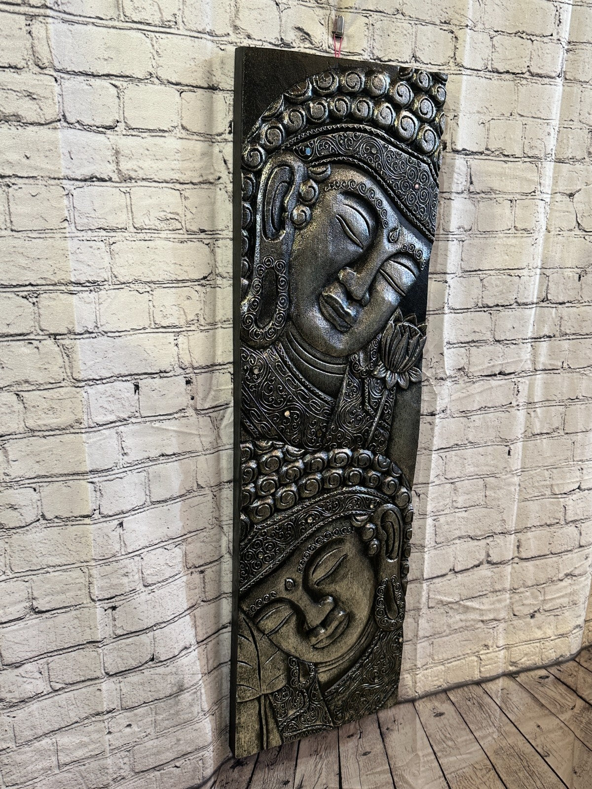 100cm x 30cm Tall Buddha 2 Faces Silver Wooden Wood Panel Wall Art Plaque