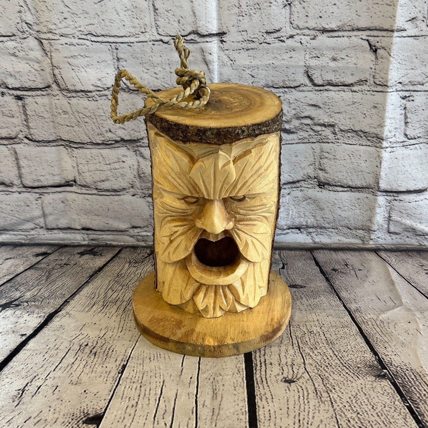 Bird House Green Man Of The Woods 25cm Hand Carved Tree Trunk Wood Fairtrade