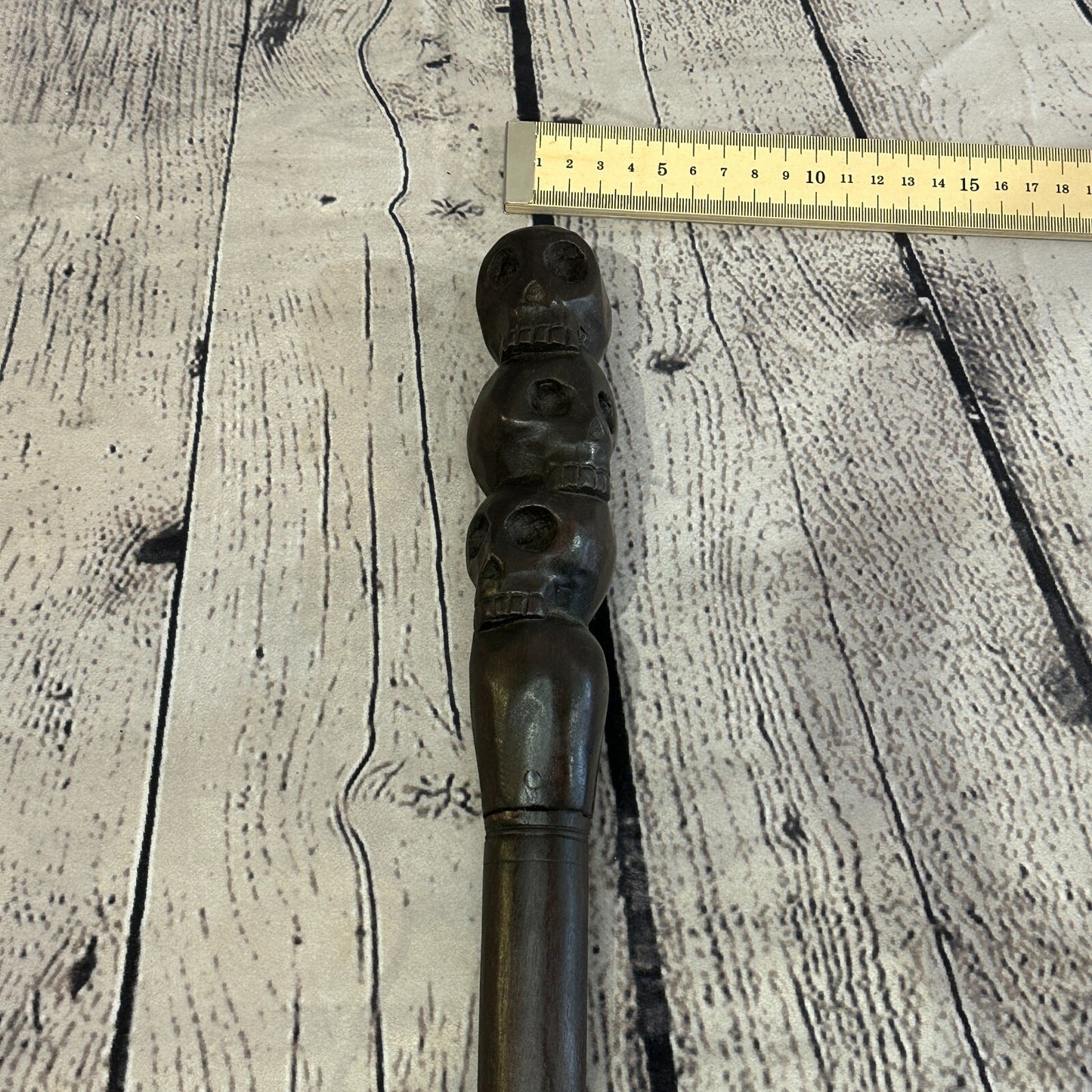 Pillar Three Skulls 90cm Tribal African Walking Stick Cane Hand Carved Dark Wood