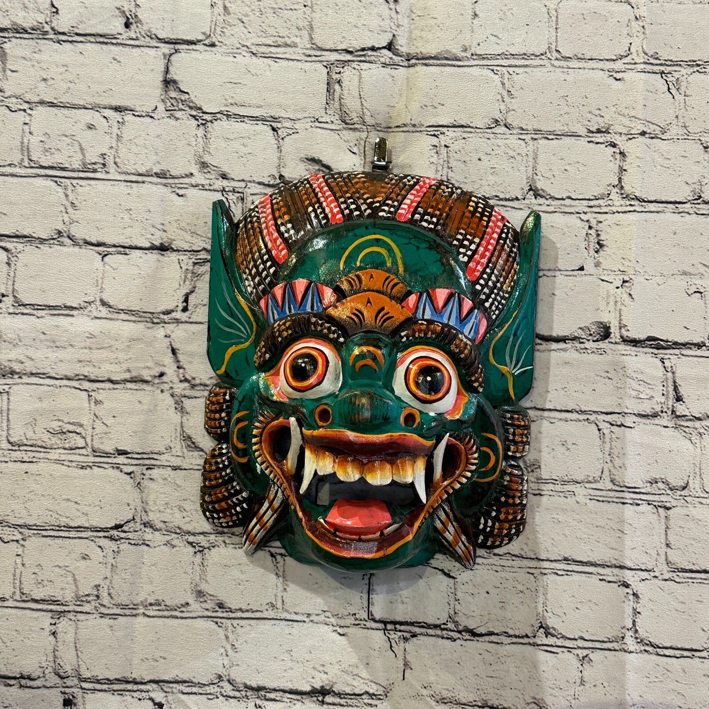 Large Wooden Green Barong Wall Mask 30cm x 25cm Handmade And Fairtrade