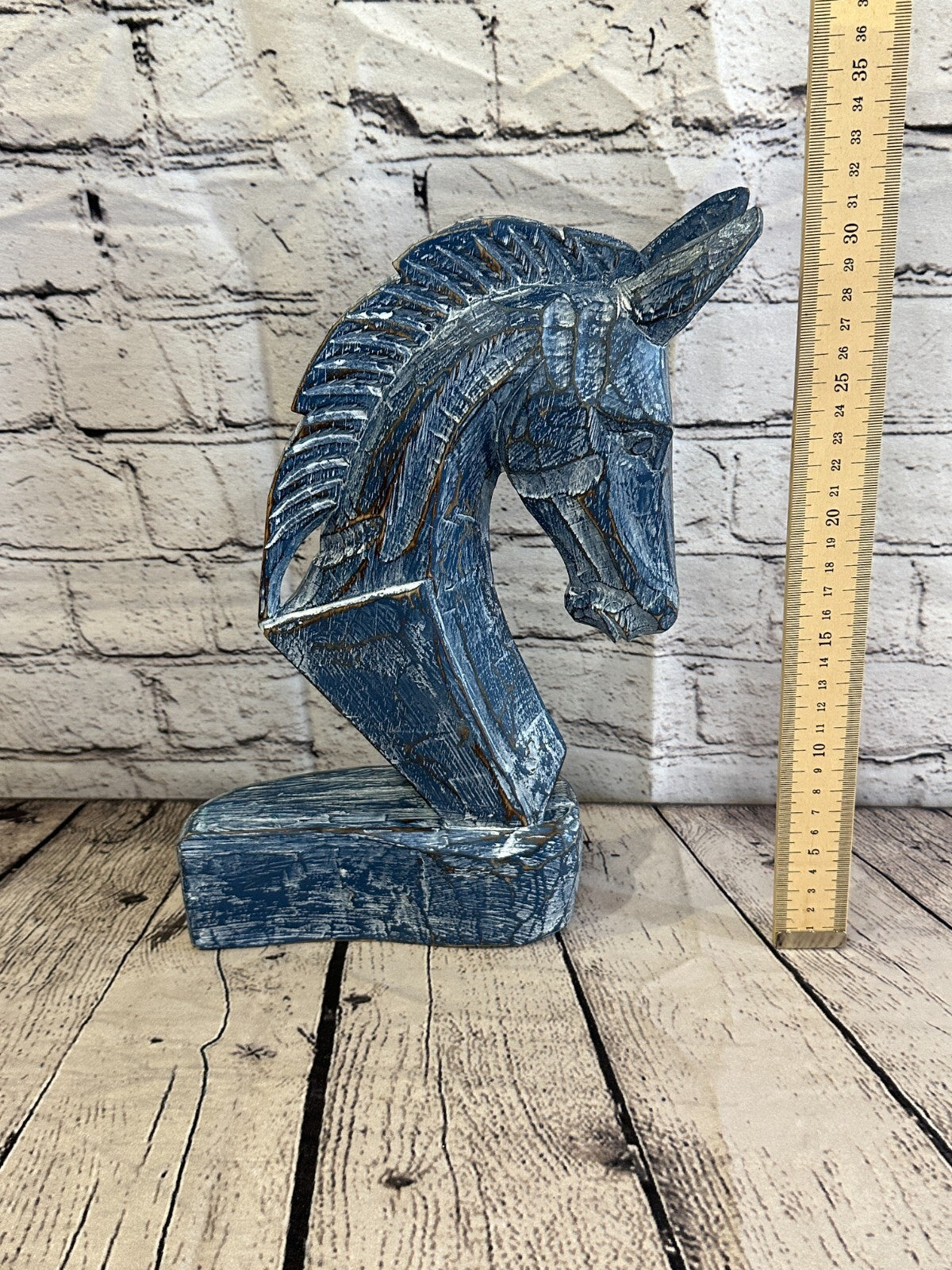 Blue Wooden 30cm x 18cm Horse Head Bust Hand Carved Wood Sculpture