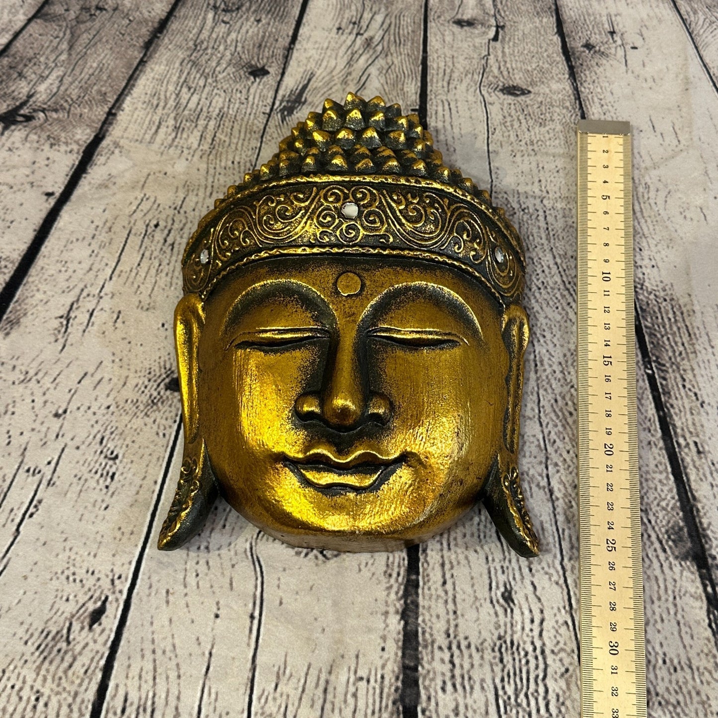25cm Gold Buddha Head Mask Wooden Hanging Statue Figurine Ornament Fair Trade