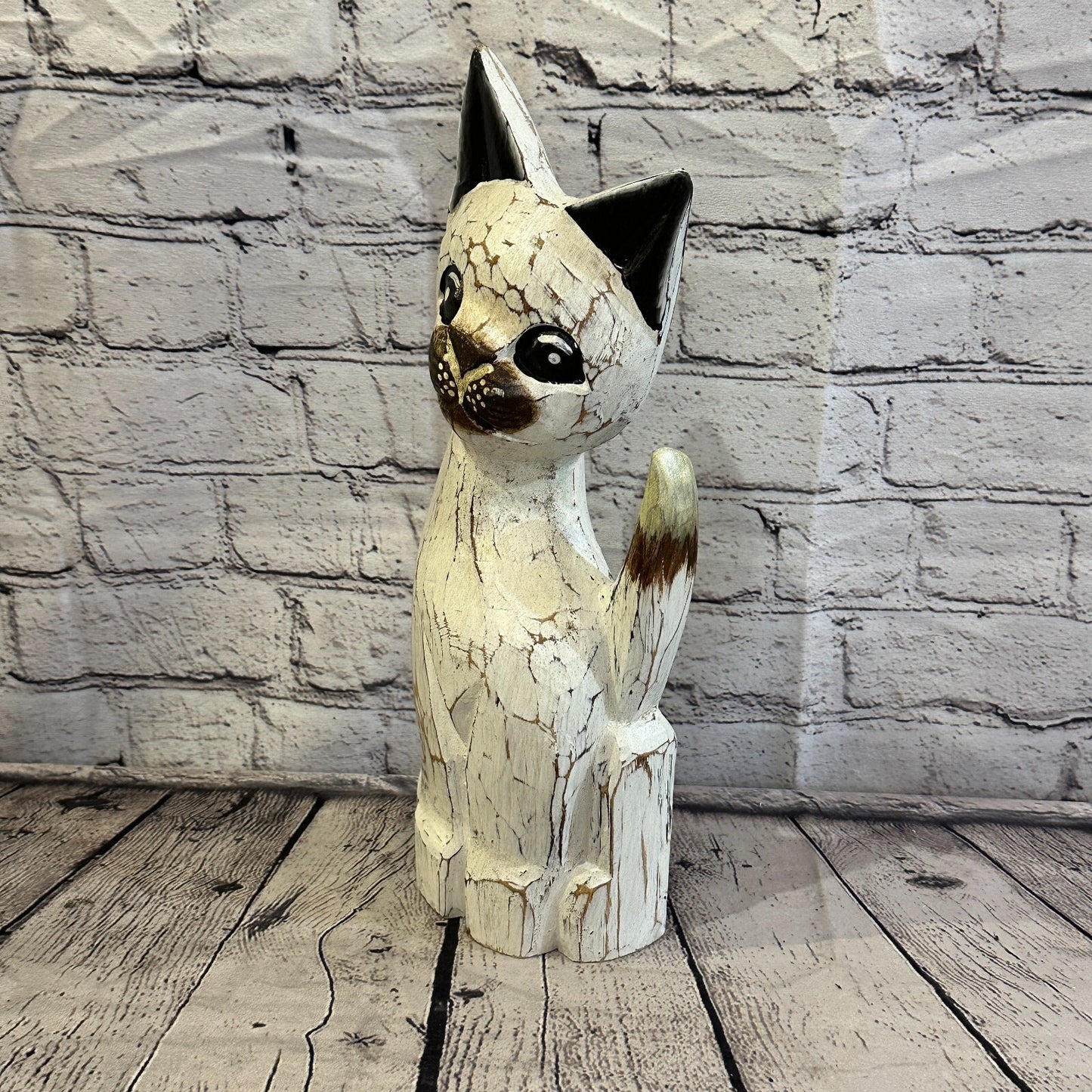 35cm x 15cm White Flower Wooden Shabby Cat Statue Ornament Fair Trade Handcarved