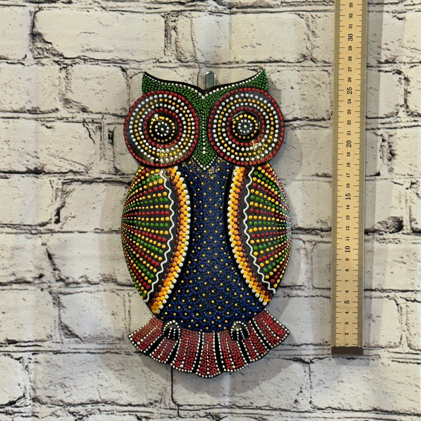 30cm Owl Carved Wooden Dot Painted Ethnic Tribal Tiki Wall Art Handmade No 2