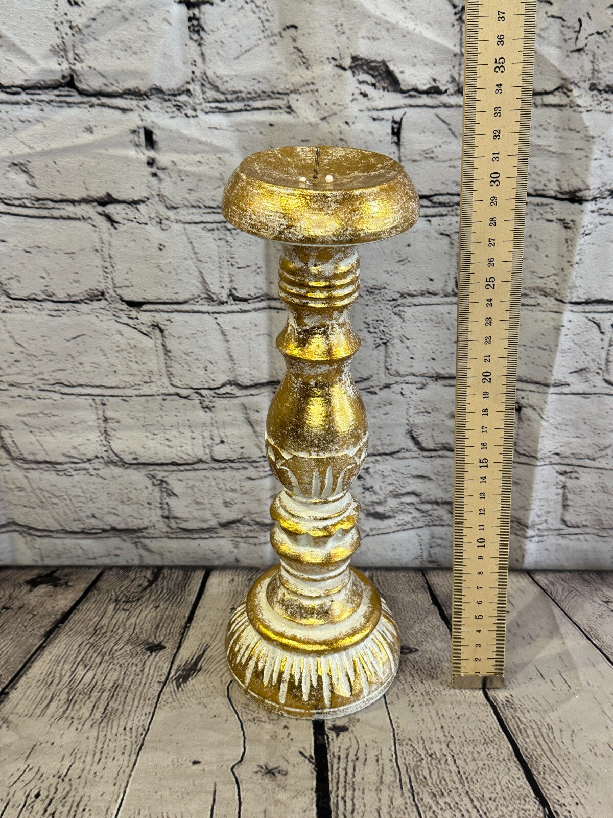 30cm Gold Tall Candlestick Shabby Chic Distressed Solid Column Candle Holder