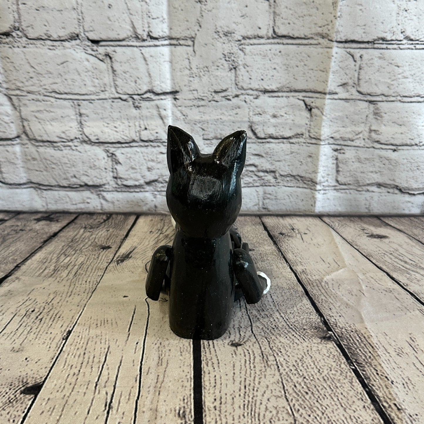 20cm Black Cat Sitting Animal, Wooden Shelf Ornament Handmade & Fairtrade