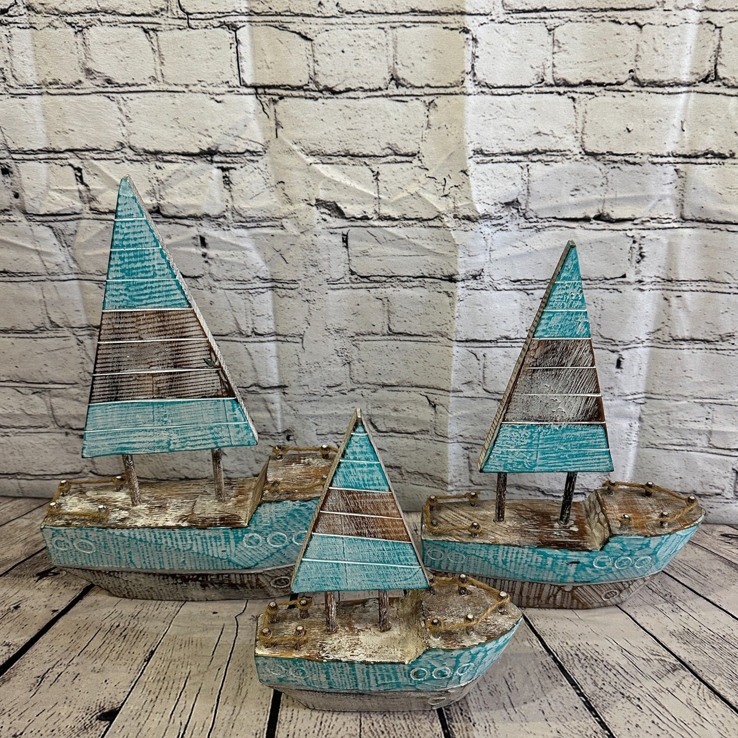 40cm Rustic Wooden Brown & Green Sailing Boat Nautical Ornament Sculpture Decor
