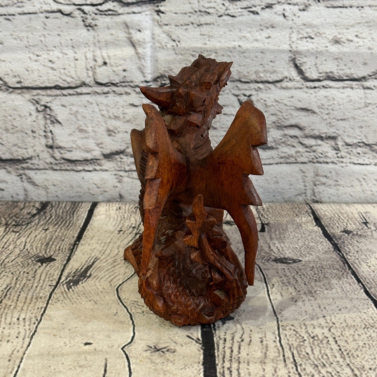12cm x 10cm Dark Wooden Standing Dragon Carving Hand Carved Wing Back Dragon