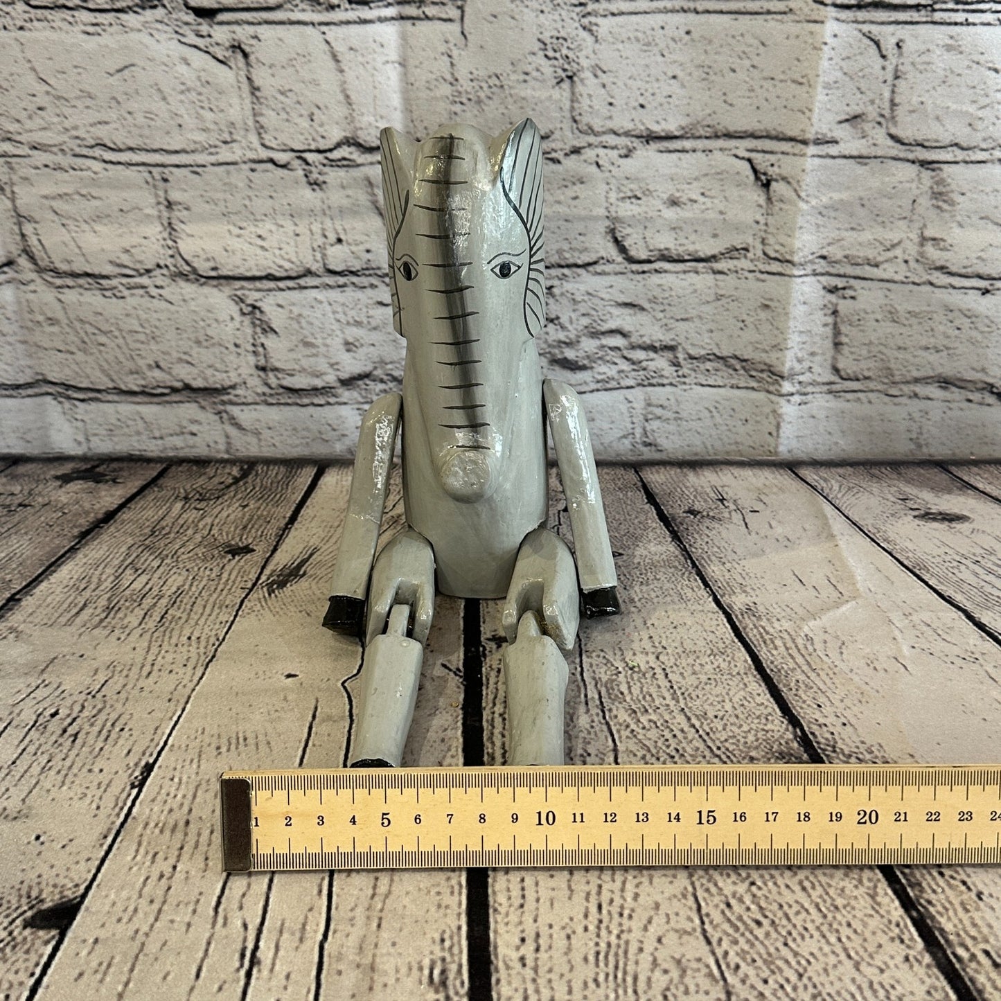 20cm Grey Elephant Sitting Animal, Wooden Shelf Ornament Handmade & Fairtrade