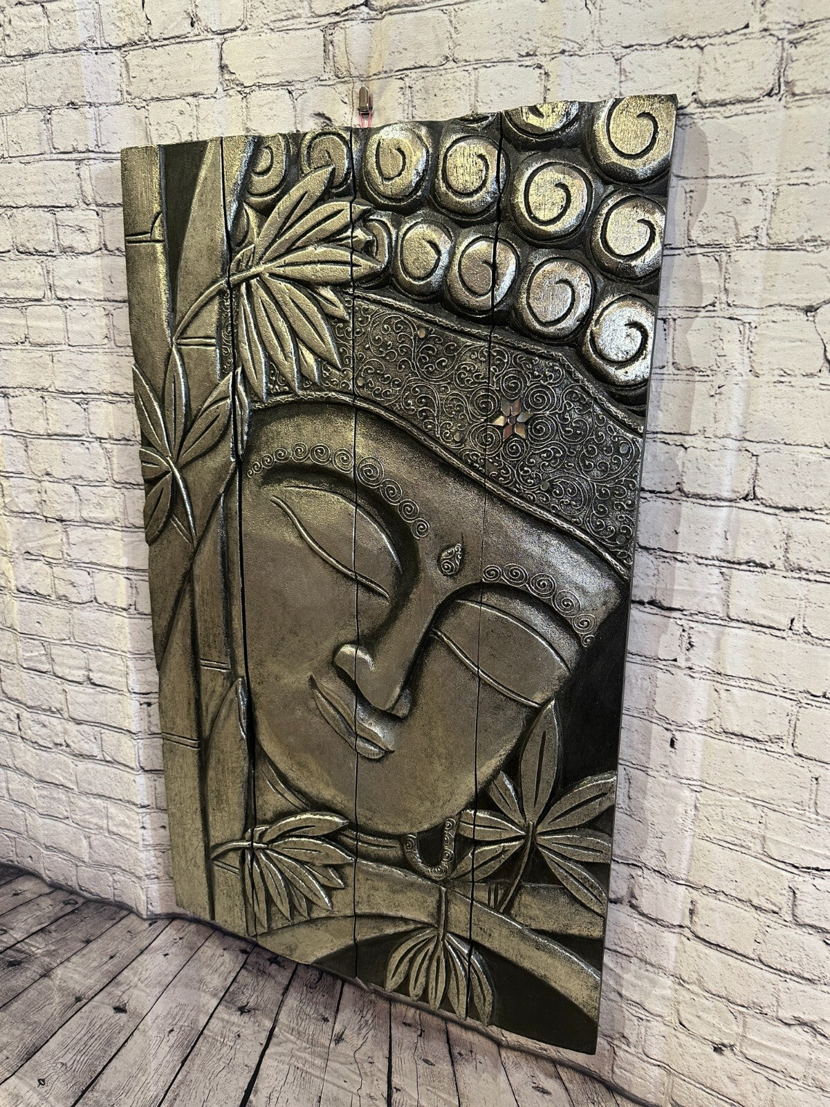 100cm x 60cm Buddha Silver Panel Wooden Wood Panel Wall Art Plaque Handcarved