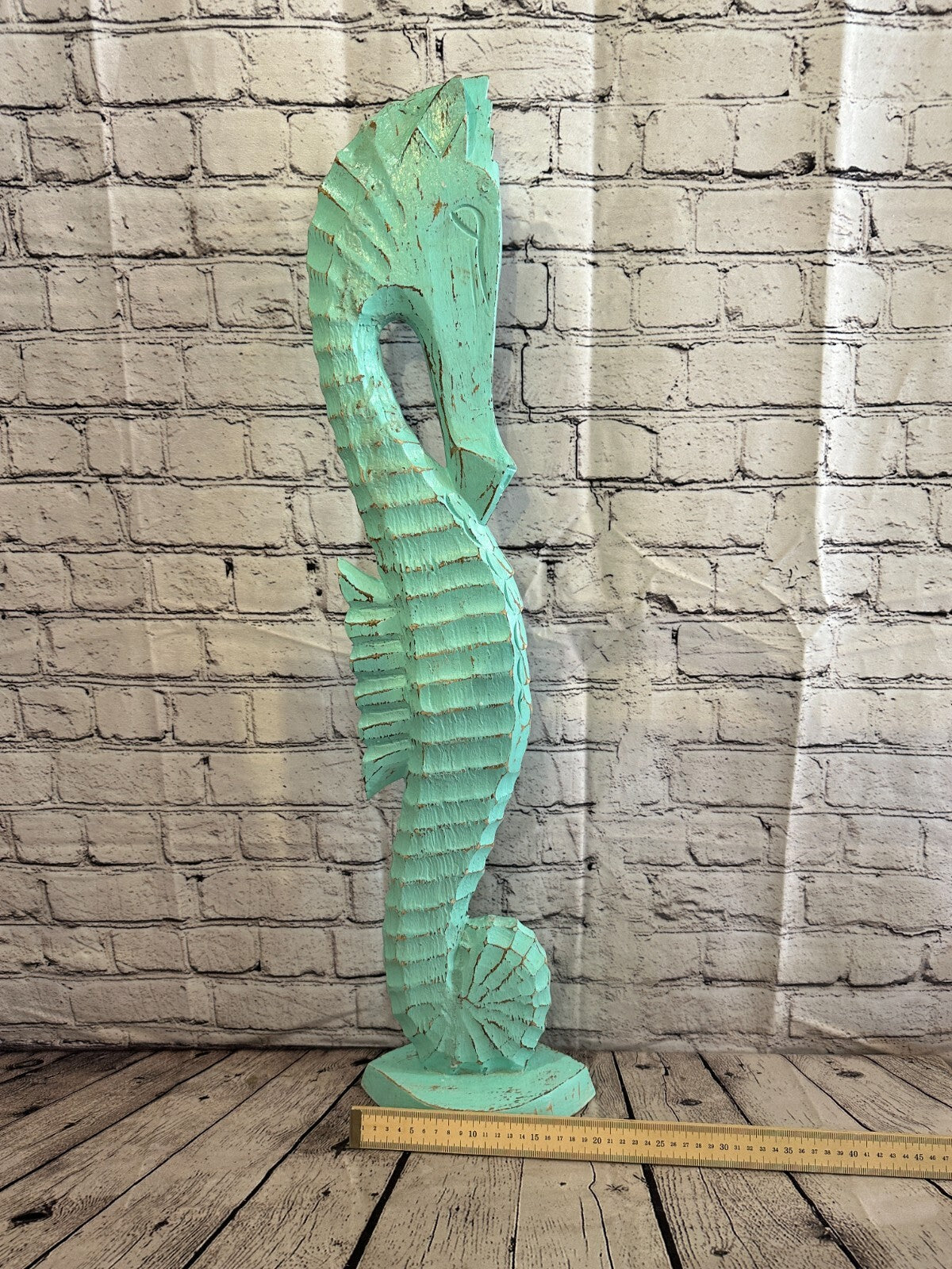 80cm Green Plain Wooden Shabby Seahorse Statue Ornament Fair Trade Handcarved