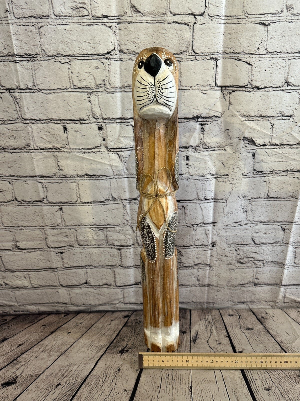 60cm Light Brown Flower Wooden Shabby Dog Statue Ornament Fair Trade Handcarved