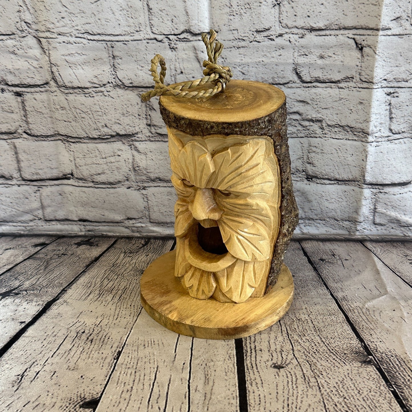 Bird House Green Man Of The Woods 25cm Hand Carved Tree Trunk Wood Fairtrade