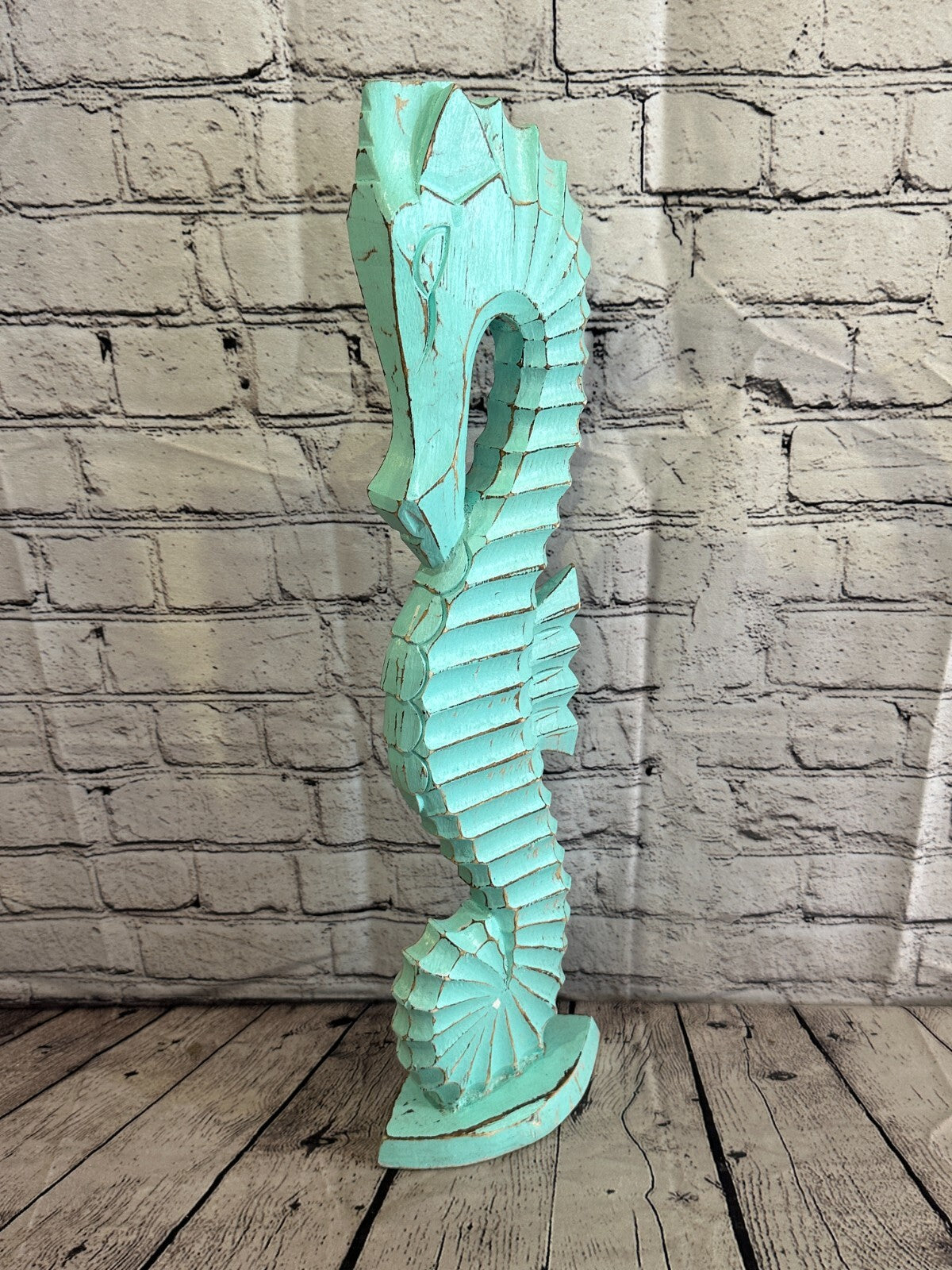 60cm Green Plain Wooden Shabby Seahorse Statue Ornament Fair Trade Handcarved