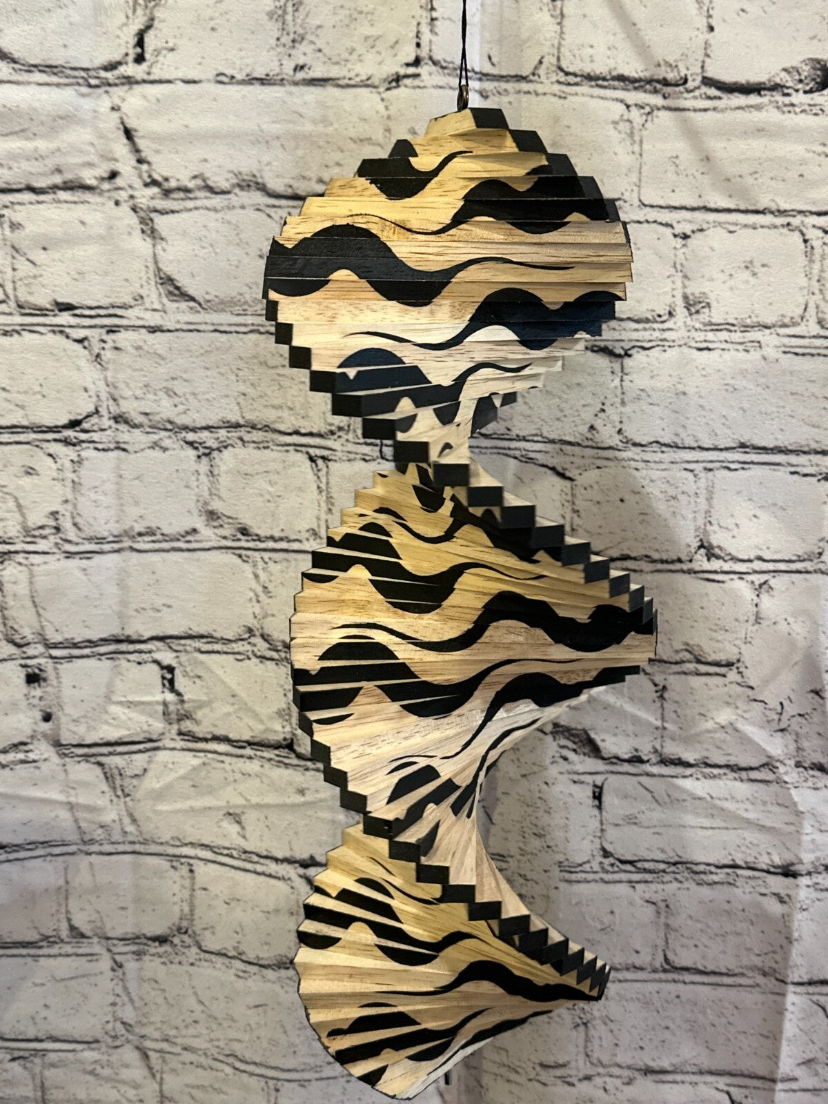 40cm Black Wave Pattern Wind Spinner Wooden Spiral Mobile Garden Ornament