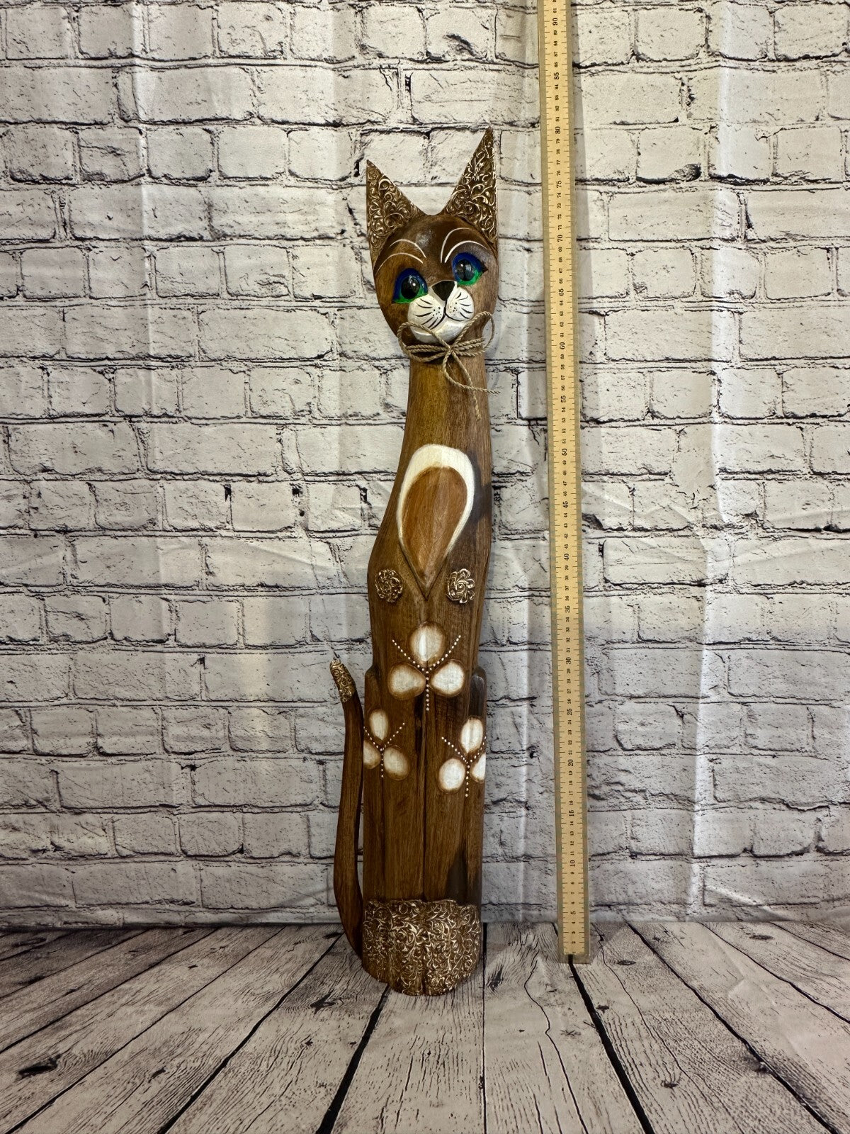 80cm Brown Swirl Flower Wooden Shabby Cat Statue Ornament Fair Trade Handcarved