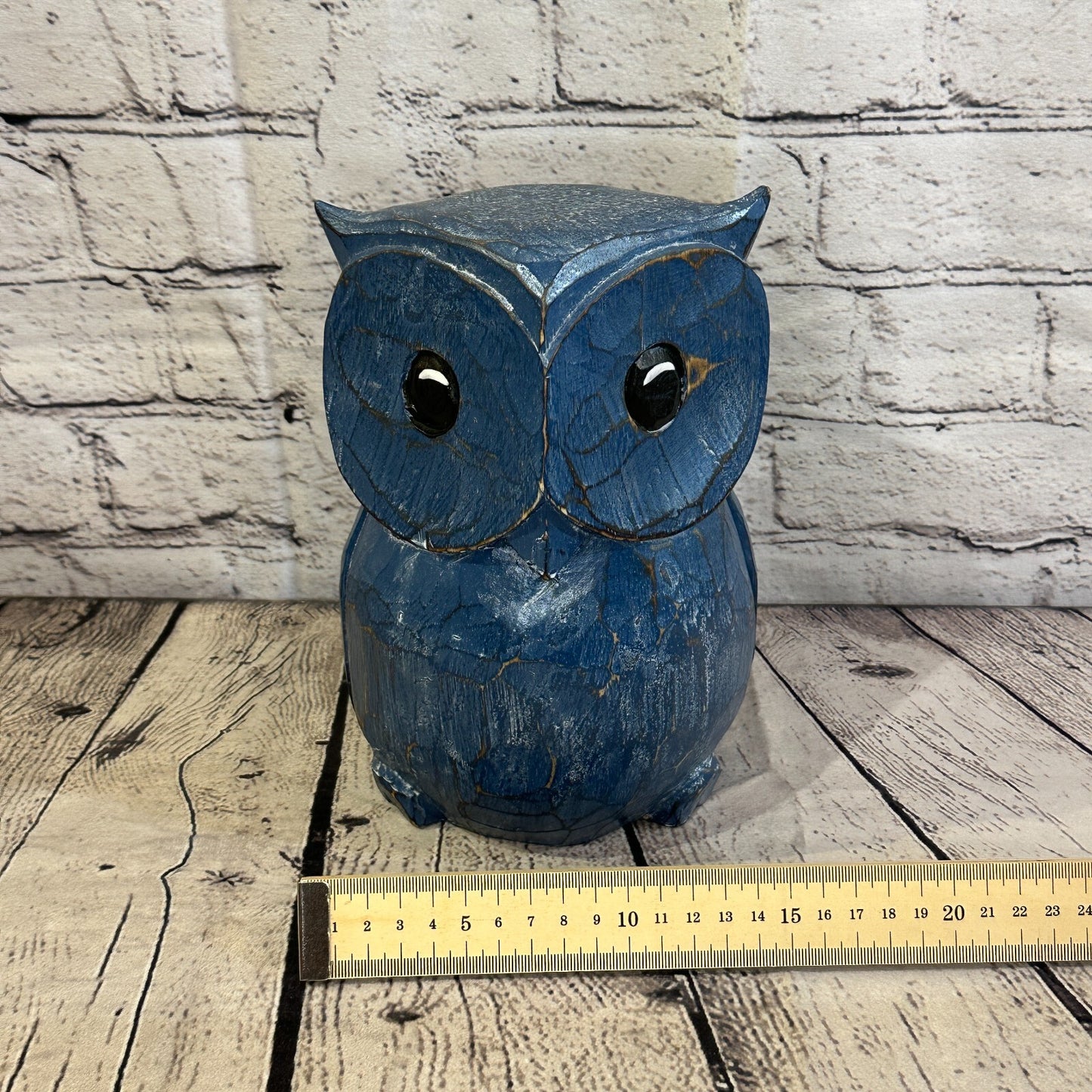 20cm x 15cm Blue Flower Wooden Shabby Owl Statue Ornament Fair Trade Handcarved