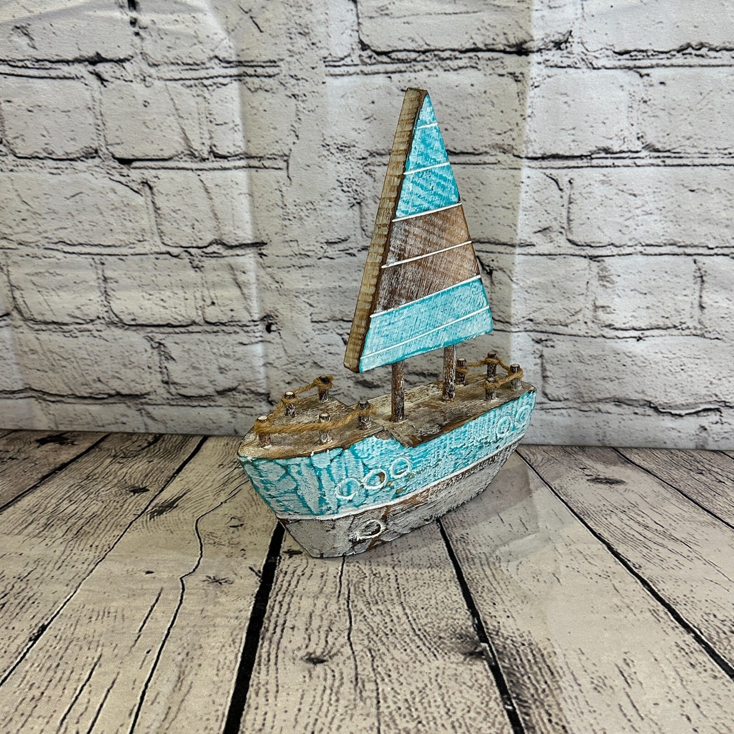 25cm Rustic Wooden Brown & Green Sailing Boat Nautical Ornament Sculpture Decor