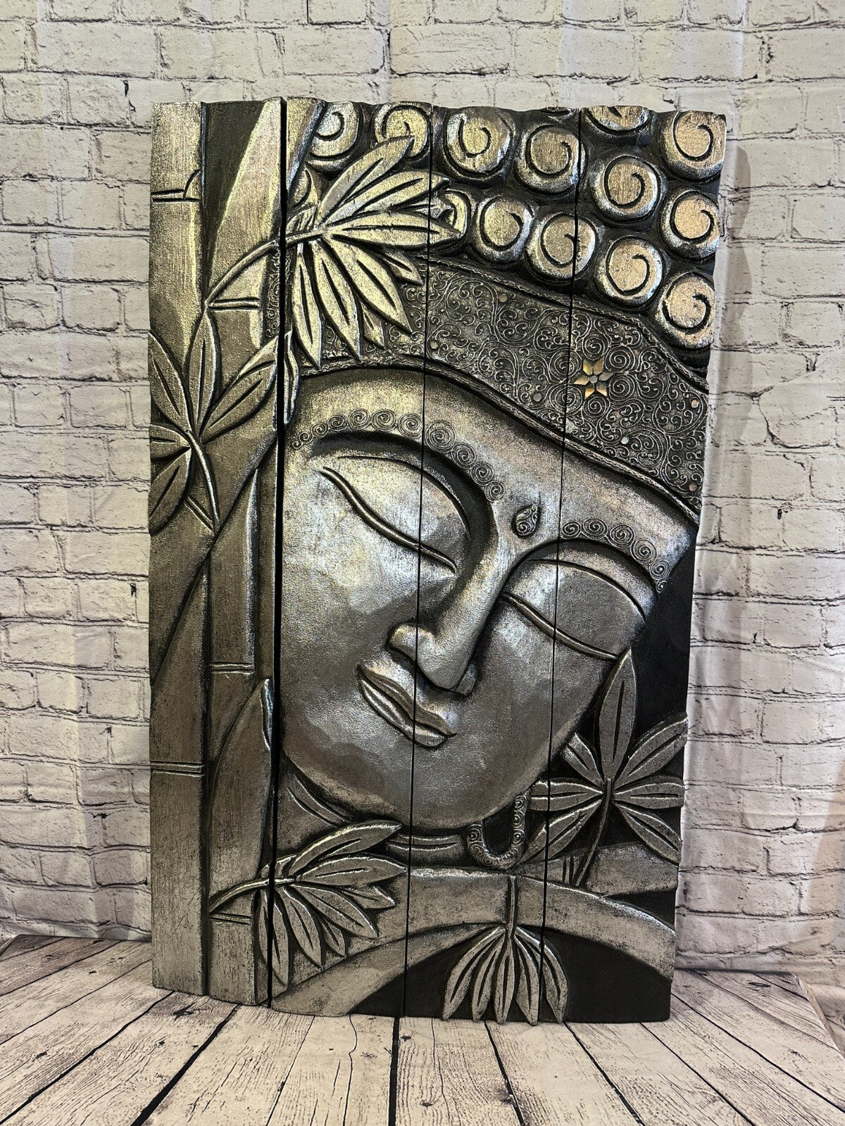 100cm x 60cm Buddha Silver Panel Wooden Wood Panel Wall Art Plaque Handcarved