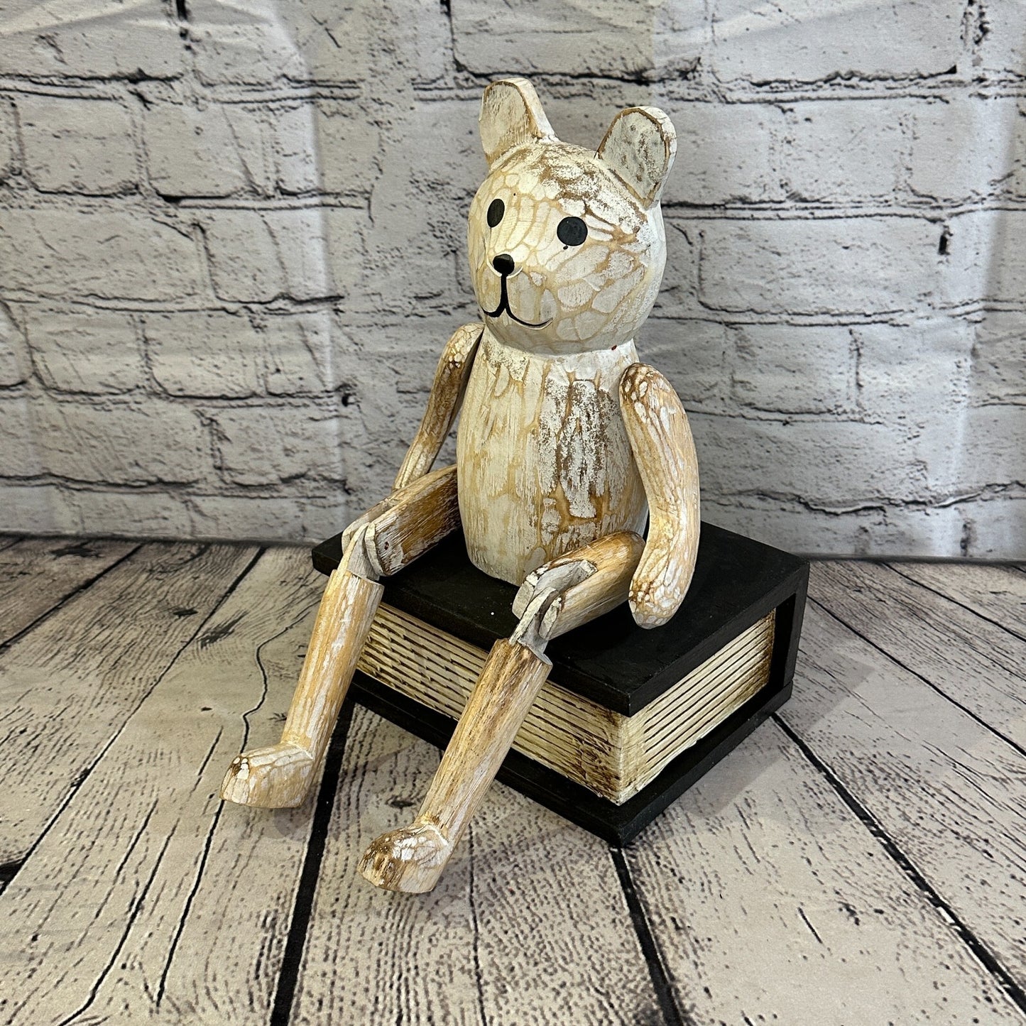 22cm Shabby White Teddy Sitting Animal Wooden Shelf Ornament Handmade Fairtrade