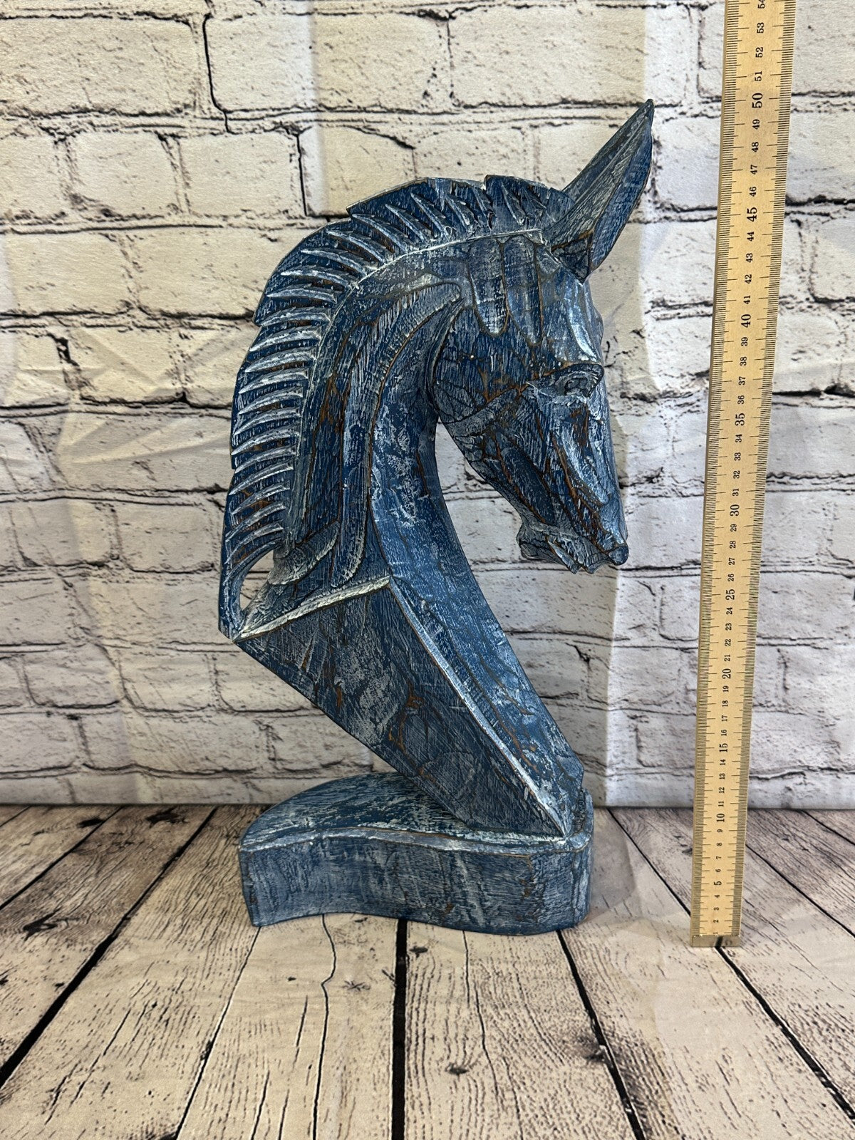Blue Wooden 50cm x 25cm Horse Head Bust Hand Carved Wood Sculpture