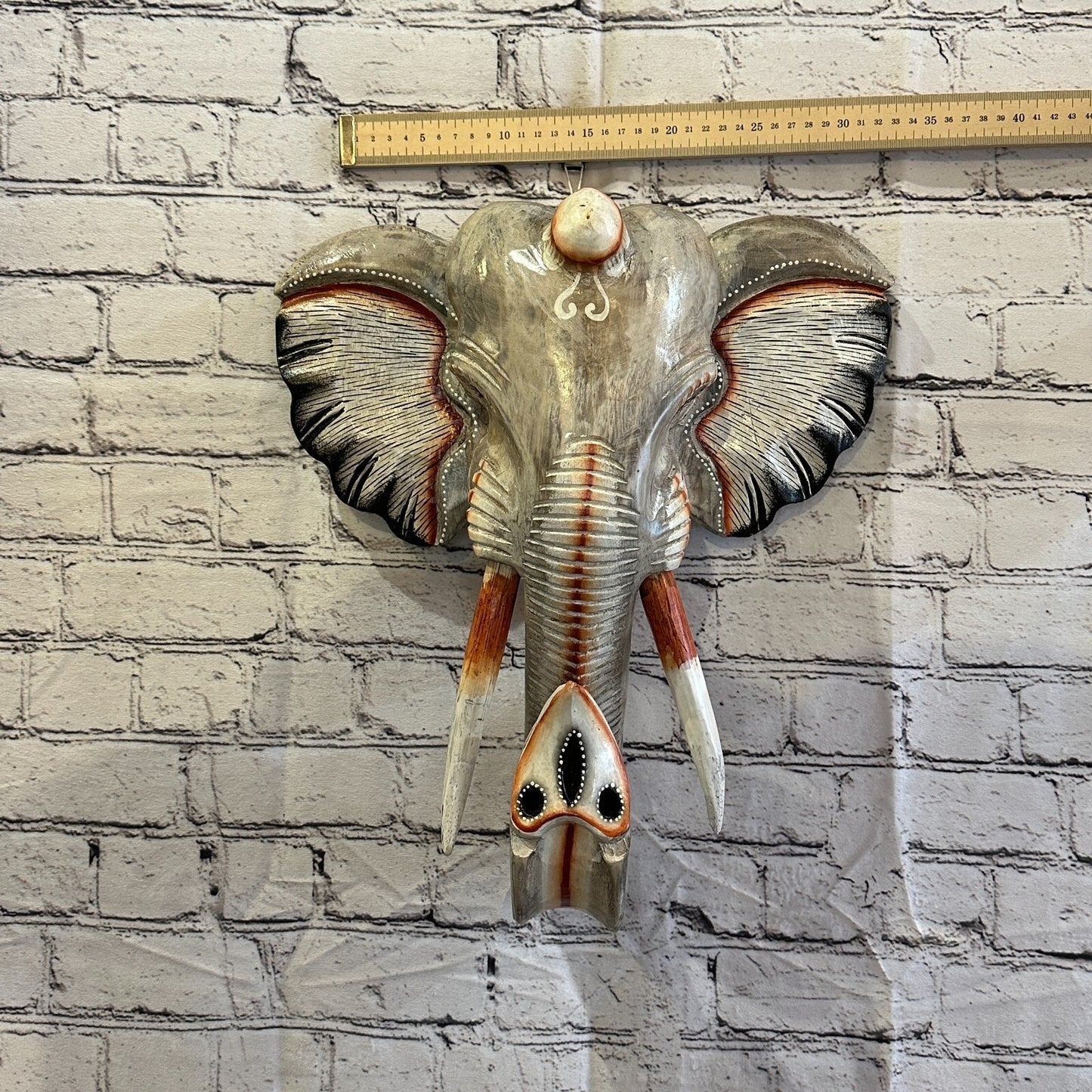 45cm x 35cm Grey Painted Wood Elephant Head Wall Mounted Art Large Shabby