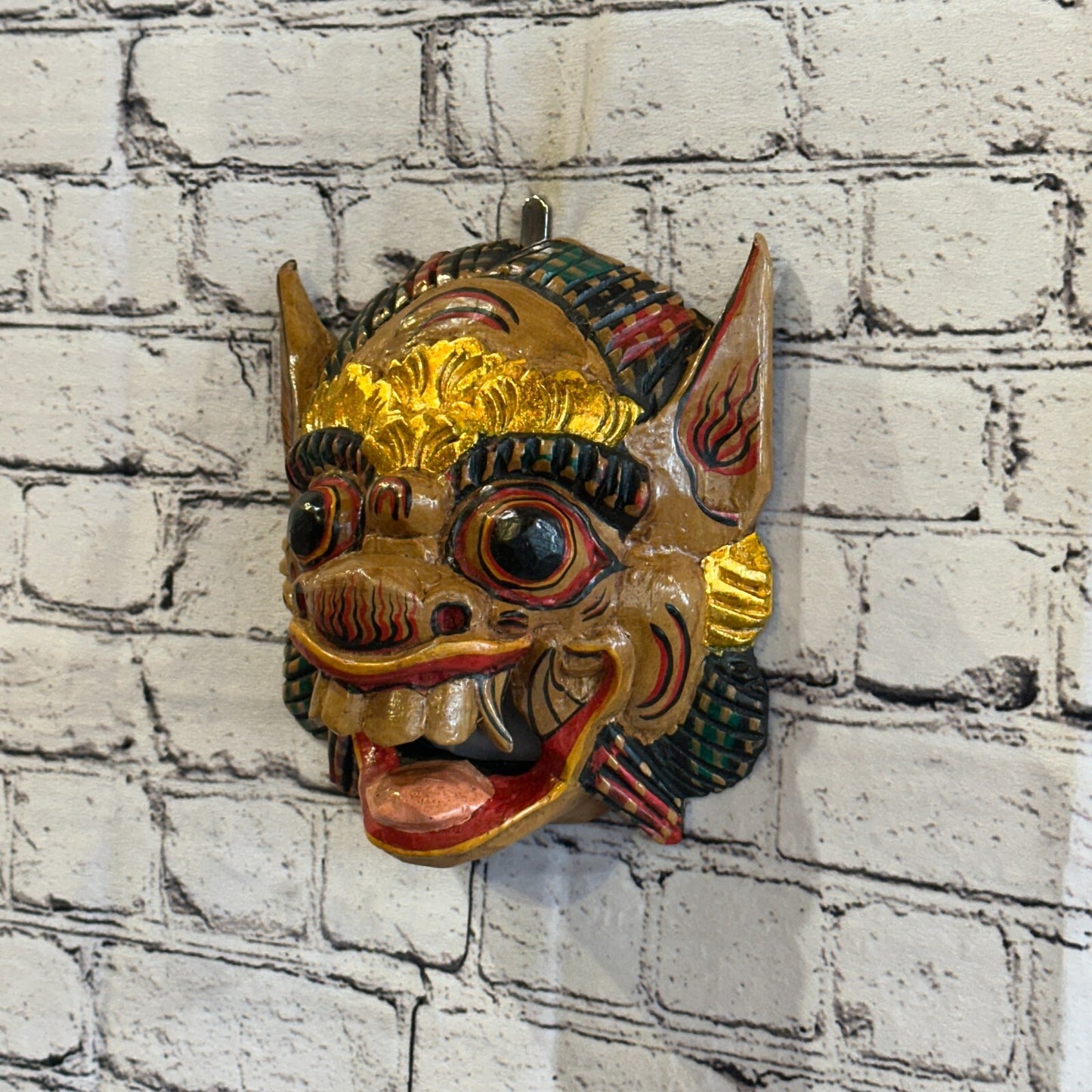 Large Wooden Natural Barong Wall Mask 18cm x 18cm Handmade And Fairtrade Hindu