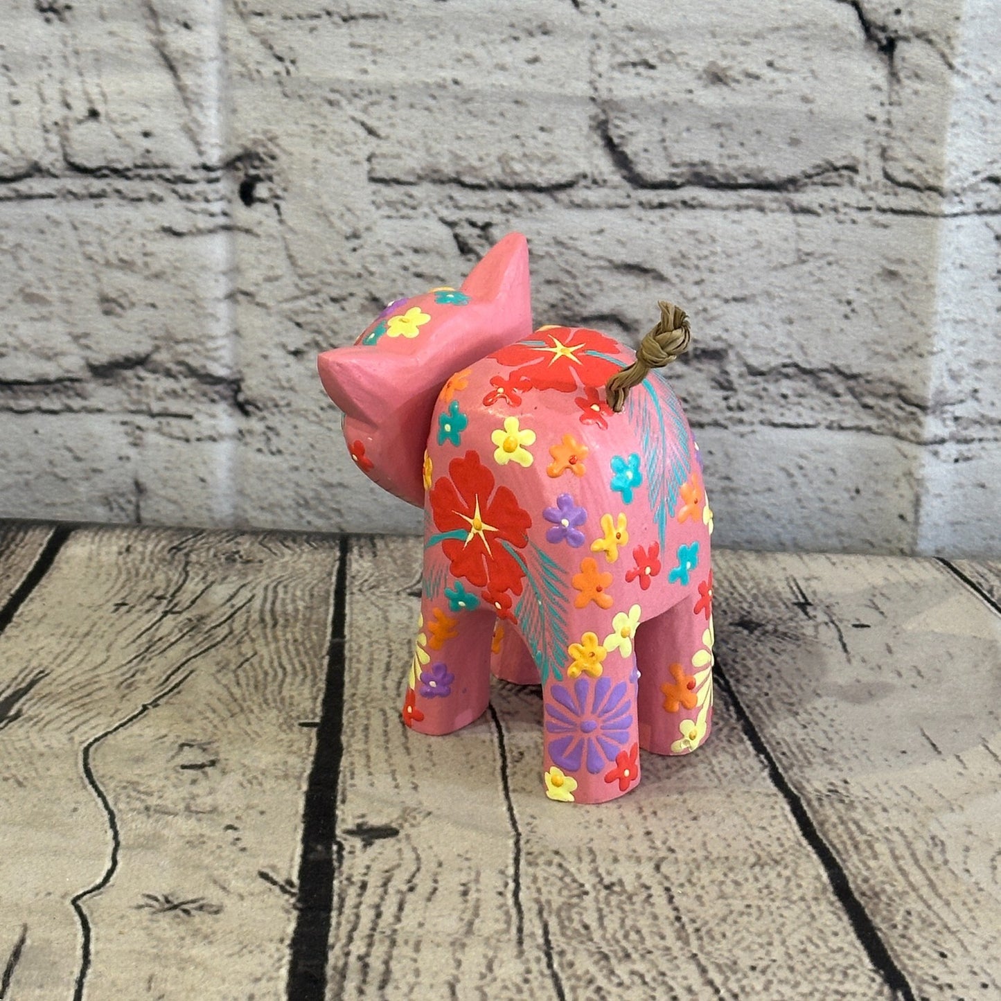 Pink Small Wooden Cat With Flower Pattern 10cm x 8cm Handmade and Fairtrade